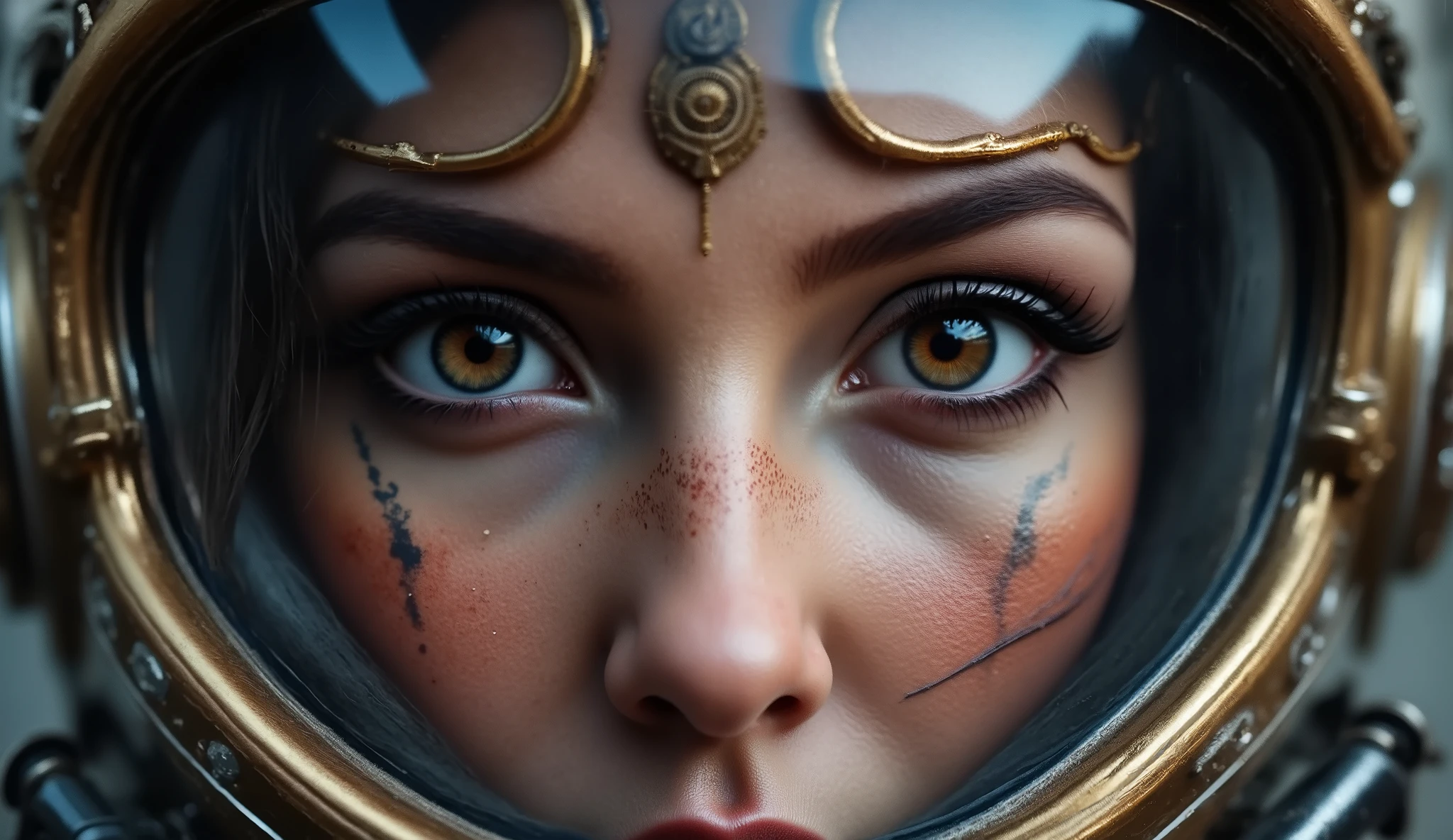 steampunked pretty female alien woman astronaut in a   corset outfit and astronaut helmet. Huge chests and cleavage.in  space walk in the alien world
 a huge firm  , big , long hair, revealing female outfit Industrial The image is rendered in photorealistic detail, with a focus on realism and depth of field, akin to a concept art piece trending on Artstation, created with Unreal Engine 5, in 8k resolution. zoom in on face shot looking at viewer seductively. ( masterpiece:1.2 ), ( super detailed), 8k, 16k, wallpaper,( steampunk:2.0) . zoom in on face of woman. ,ArsMJStyle, Rococo Steampunk, Enhanced all. A realistic woman in a close-up shot, showcasing her radiant complexion. Soft, natural lighting illuminates her features, highlighting the clarity of her skin. Her eyes gaze directly into the camera, with subtle. full body shot. Zoom in from birds eye view shot. Zoom in from birds eye view shot  showing  and sheer . a galactic spacecraft is in the background.