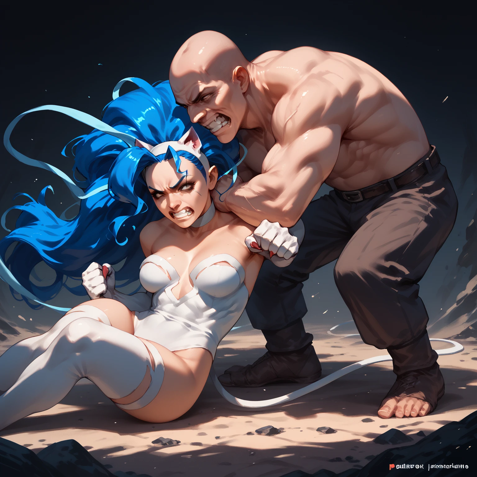 masterpiece, best quality,anime style, 1 girl,(((slender body))), (((small breast))),(((hot pants, blue tanktop,red tie,glasses))),(((((a gorilla man grabbing the girl))))), ((((restrained, arms behind back)))),((((cum)))), (beautiful face), (((short hair))), (((straight hair))), ((((blue hair)))),detailed beautiful skin, (perfect hands, perfect anatomy)