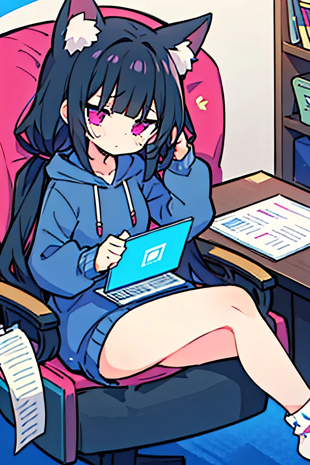 A cute black-haired twin-tailed Vtuber, overwhelmed by tax filing, sits in the middle of her adorable, pastel-themed room. She is surrounded by a chaotic mess of receipts, tax documents, and a laptop displaying a complicated tax form. Her expression is one of pure frustration, with her hands holding her head in despair. Her outfit is a cozy oversized hoodie with a cute phrase printed on it, and she is barefoot or wearing fluffy socks. Around her, plushies, fairy lights, a pink gaming chair, and pastel-colored decorations create a girly, charming atmosphere. Scattered papers with "Determination of the claim" written on them emphasize the tax season struggle. The art style is anime-inspired with high detail, soft lighting, and expressive emotions.
