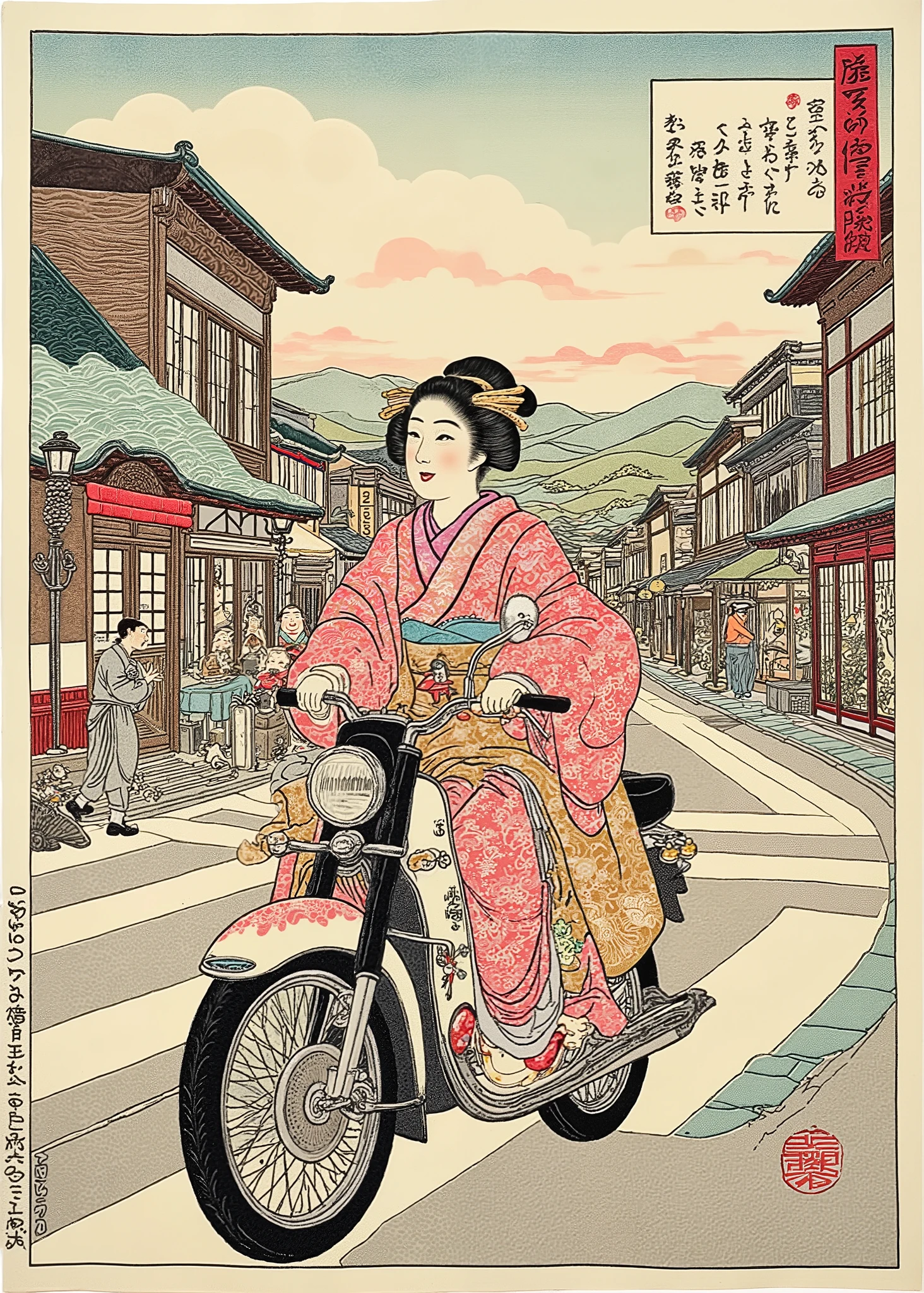   Ukiyo-e Style , A smiling maiko runs through the streets of Edo on a motorcycle, Ukiyo-e on Japanese paper  ,  mixed style of sumi-e and Ukiyo-e  ,  kimono, Integrated into the design in ArsMj style , Zen ink painting ,  tsukioka1 Japanese woodblock print Ukiyo-e 、texture.