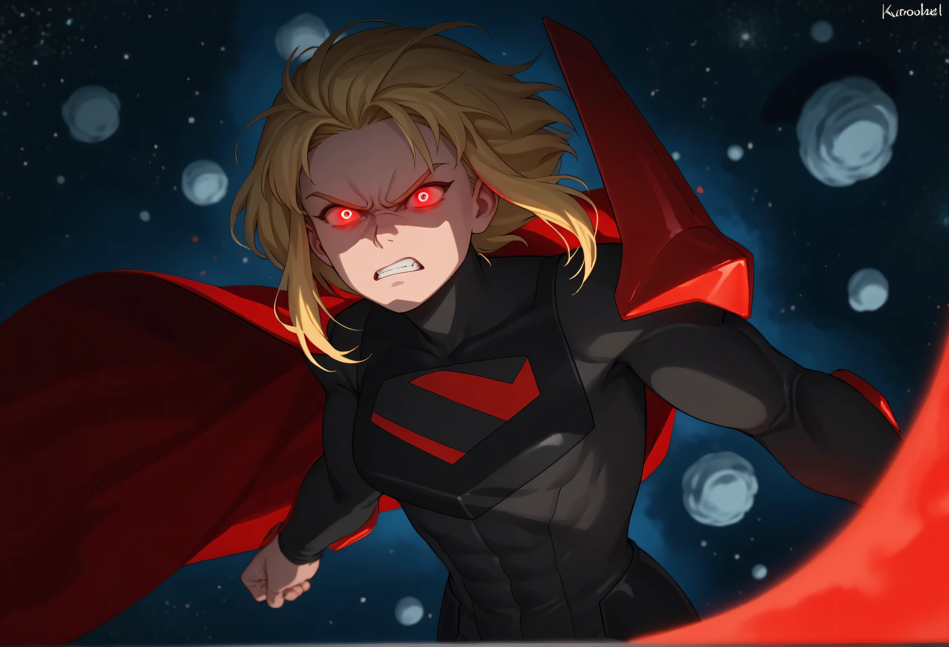 1girl, solo, karazoreldef, red eyes, glowing eyes, red aura, short hair, blonde hair, medium breasts, toned, karazorelfit, red cape, red glow, black two-tone bodysuit, black shoulder armor, looking at viewer, angry, space, asteroid, floating, airborne, rage, both knuckles close, ready to fight,
