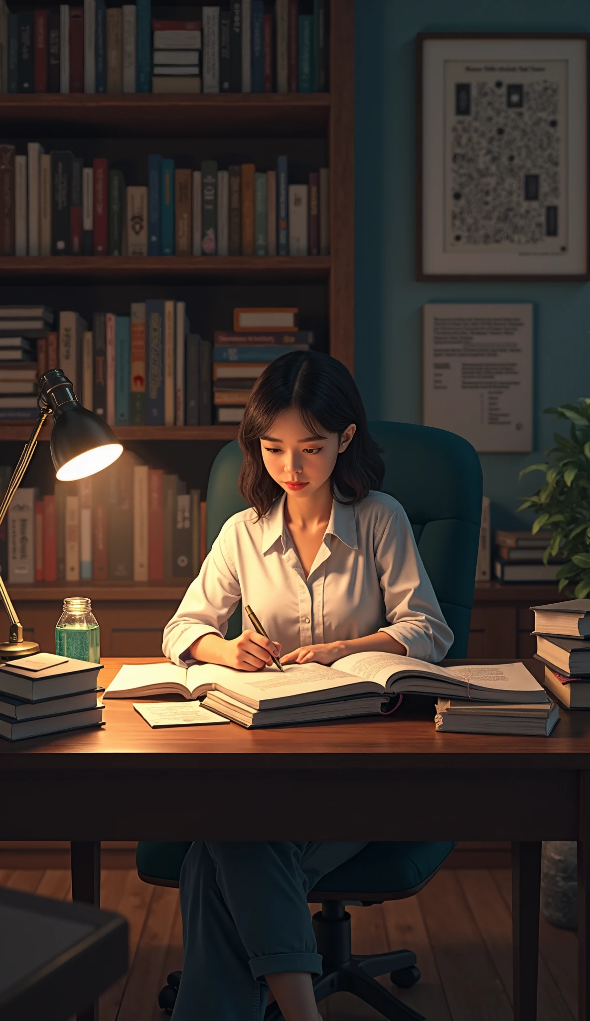 Woman sitting at a desk with a lamp and a book - SeaArt AI