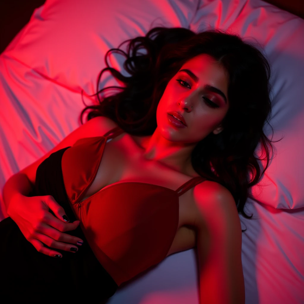 there is a woman dressed in a red blouse, who is in a room with a glass window, inspirada em um quarto de hotel, hotel de luxo, a noite, Paradise , ethereal hologram center, com janelas mostradas, bedroom setting for a video, close, perto do rosto, de lingerie...