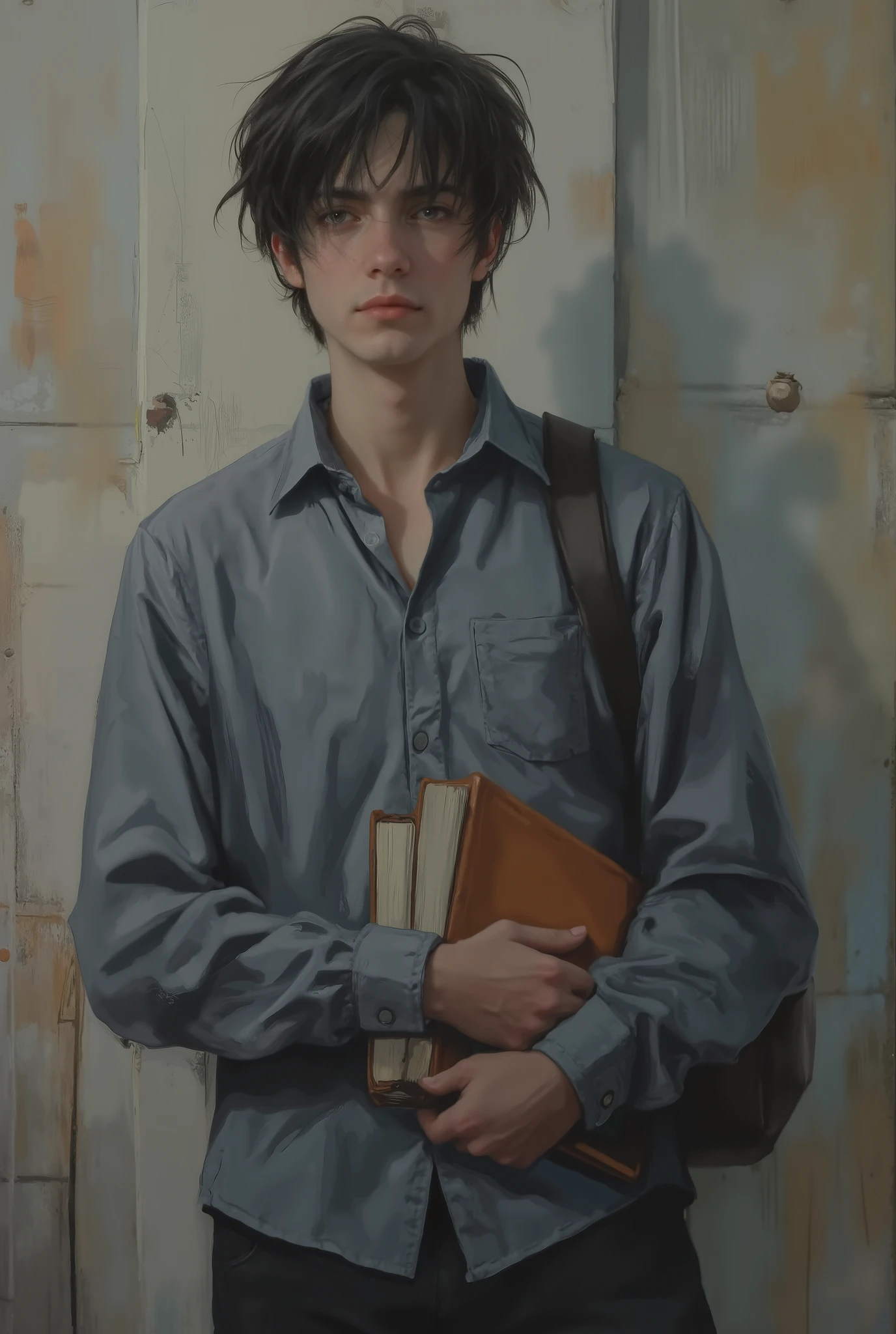 A tall guy , about twenty years old, sturdy , European appearance, with European features , with dark hair and light gray eyes , in a gray shirt with a long sleeve collar ? stands at the university wall with textbooks in his hands, late evening