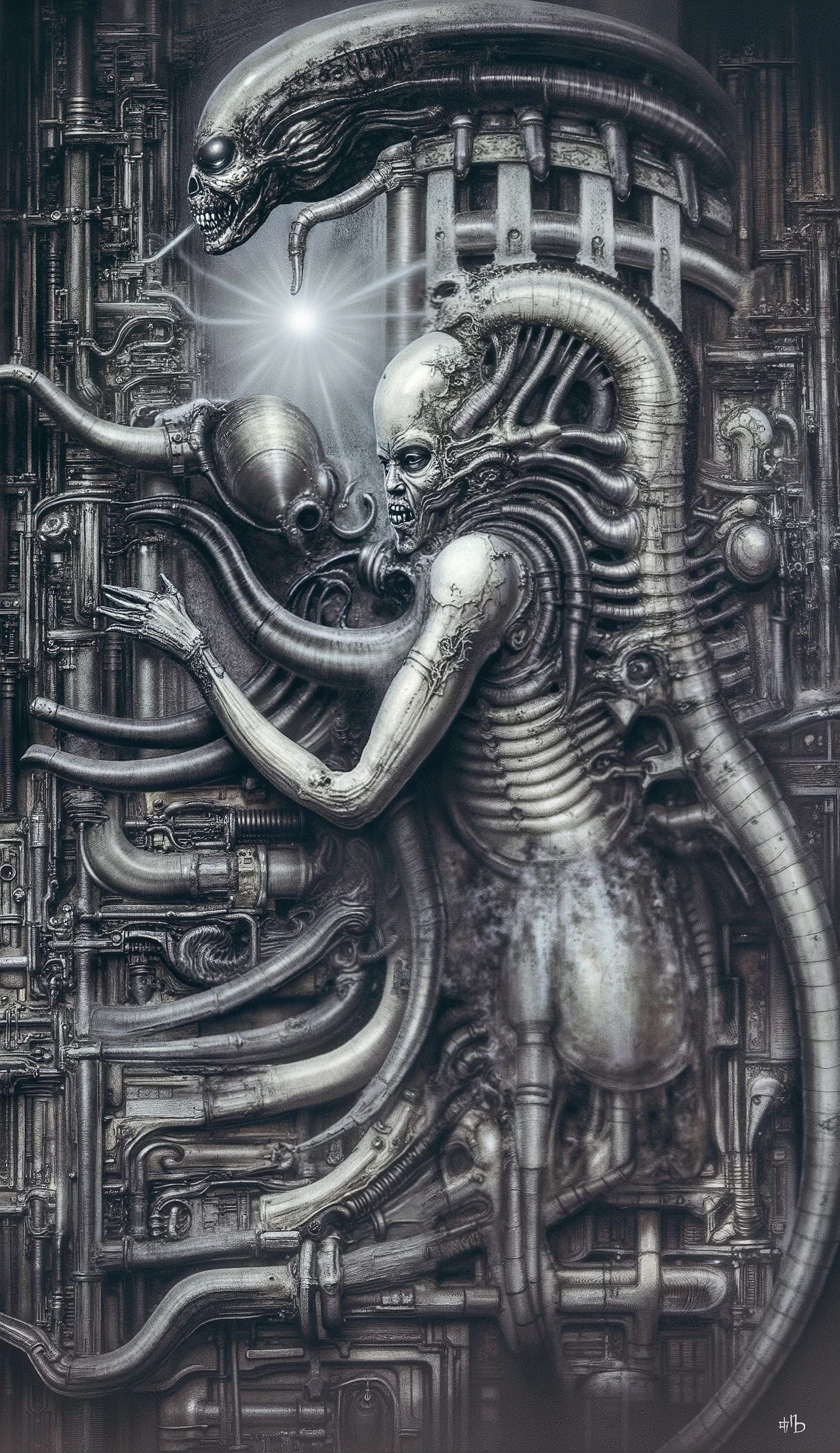 Please reproduce the original image as accurately as possible, capturing the intricate details of the biomechanical structures, the dramatic lighting, and the overall sense of unease. Find and enhance depiction of Giger's demons and creatures.(best quality:1.4). Use DARK BLACK COLORS.The final image should evoke the same sense of awe and dread as the original artwork by H.R. Giger,, (best quality:1.4), H.R. GIGER,  BY GIGER