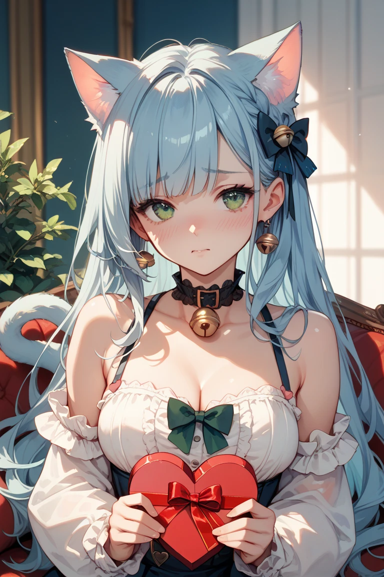highest quality,wonderful,masterpiece,delicate,ultra high resolution,Super detailed,intricate details,beautiful,8K resolution,(Highly detailed CG Unity 8K wallpaper),sharp focus、anime、fiction、one woman、dark green hair girl 、Metallic colored hair、short hair、Cat ear、big breasts、vivid hair、shaggy hair、messy hair、vivid skin、Glossy skin、  face、lolita、short、cute、beautiful eyes、serious expression、serious、cool、princess、cute柄のドレス、red dress、long skirt、tiara、corset、Holding a big sword、hold a large sword、sword,outside the city、noon、sun、sunny、outdoor、castle in the background、luxury ring、Luxury accessories