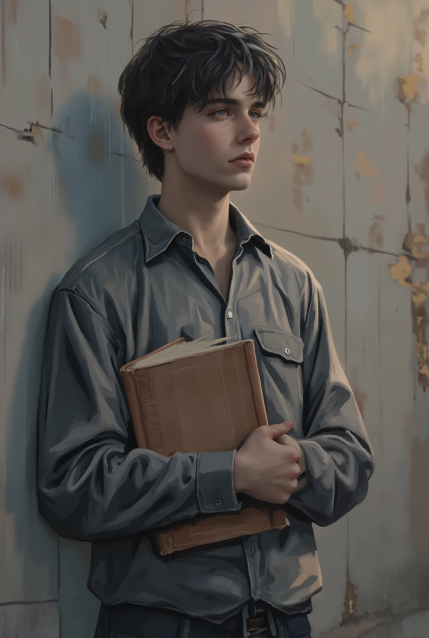  A tall guy , about twenty years old,  sturdy ,  European appearance,  with European features ,  dark hair and light gray eyes ,  in a gray long-sleeved shirt with a collar ? stands at the university wall with textbooks in his hands, late evening