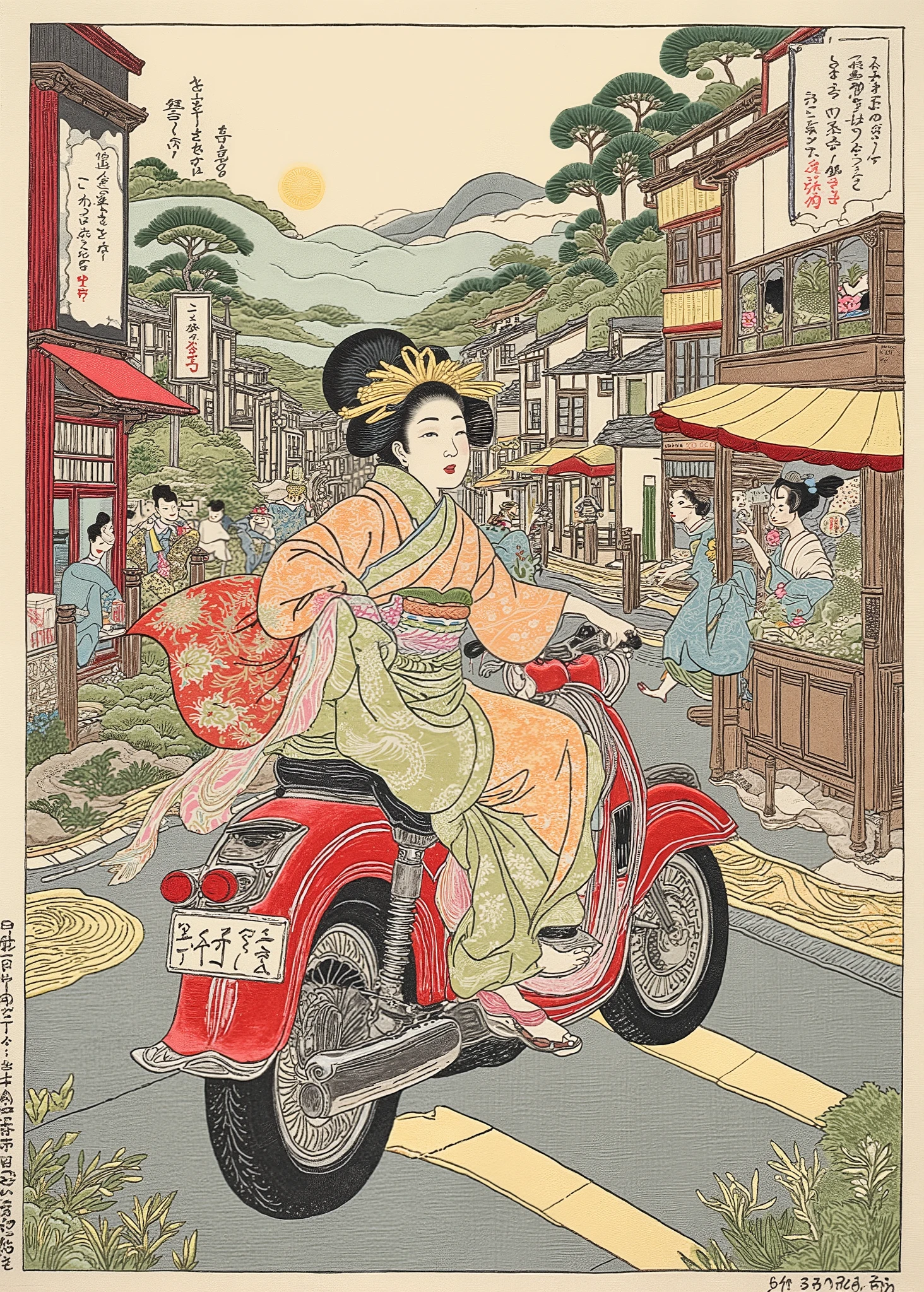 Ukiyo-e Style , A smiling maiko runs through the streets of Edo on a motorcycle, Ukiyo-e on Japanese paper , mixed style of sumi-e and Ukiyo-e , kimono, Integrated into the design in ArsMj style , Zen ink painting , tsukioka1 Japanese woodblock print Ukiyo-e 、texture.