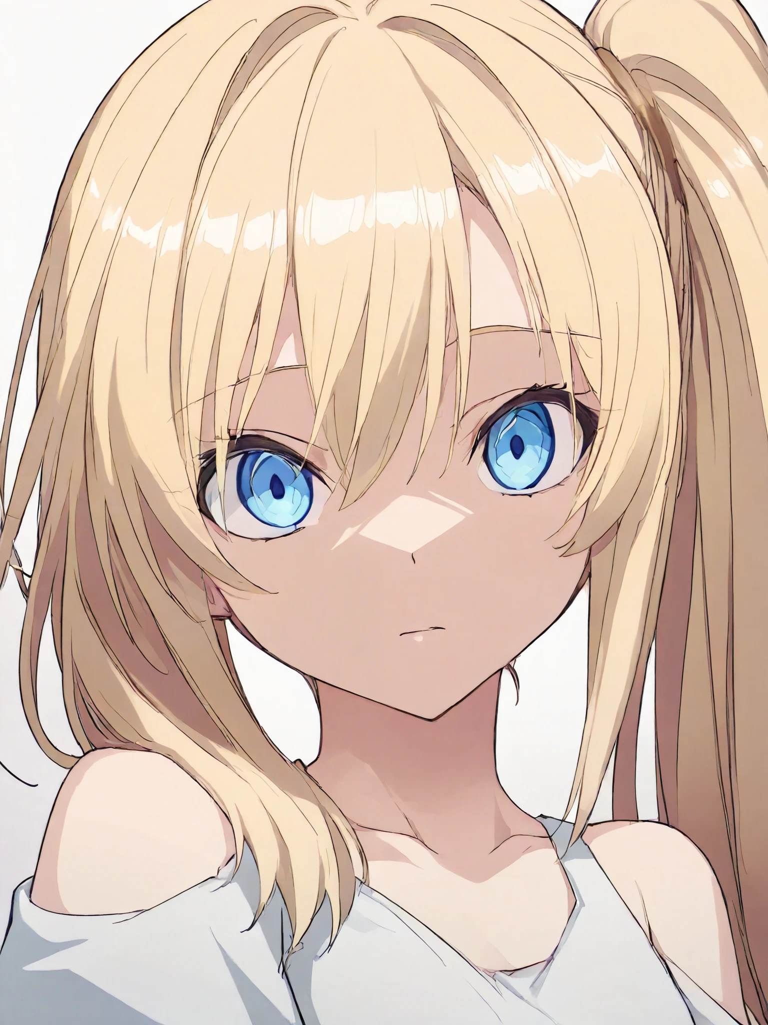 game cg hack,anime, Character Portrait,(8k, best quality,  masterpiece:1.2),\(Eye details\),\(Facial features details\),(\( Detailed clothing \)\),(1 girl),Alone,upper body,(/ light blond hair)/,（Shoulder-length hair）+(Side Ponytail:1.2),deep blue eyes,(/Puppet spherical joint/),( white dress ),