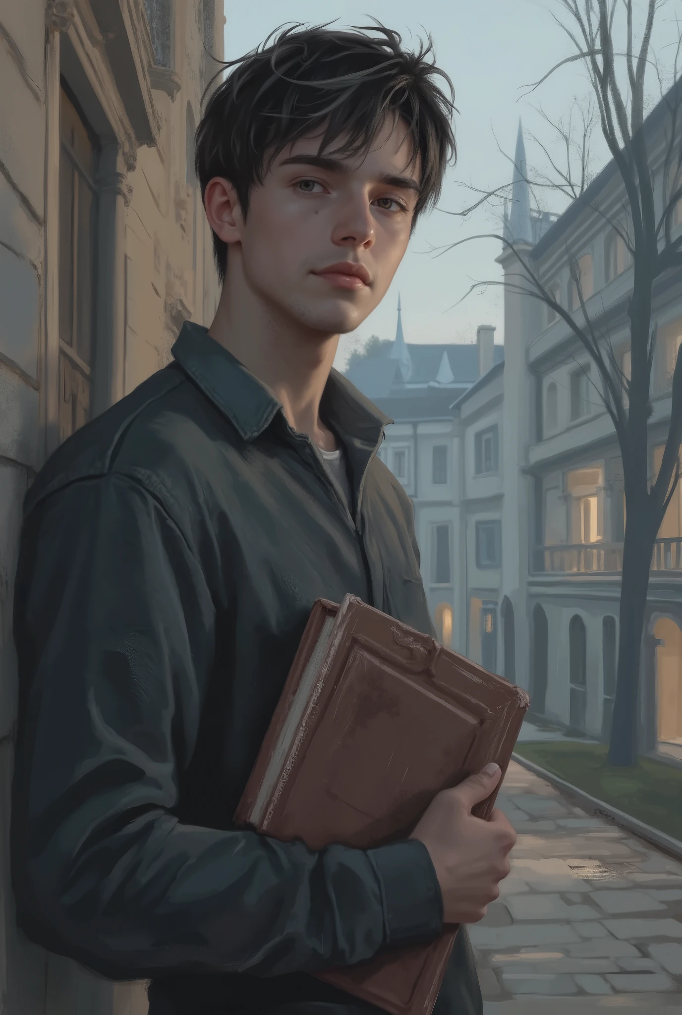 A tall guy , about twenty years old, sturdy , European appearance, with European features , with dark hair and light gray eyes , in a gray shirt with a long sleeve collar ? stands at the university wall with textbooks in his hands, late evening