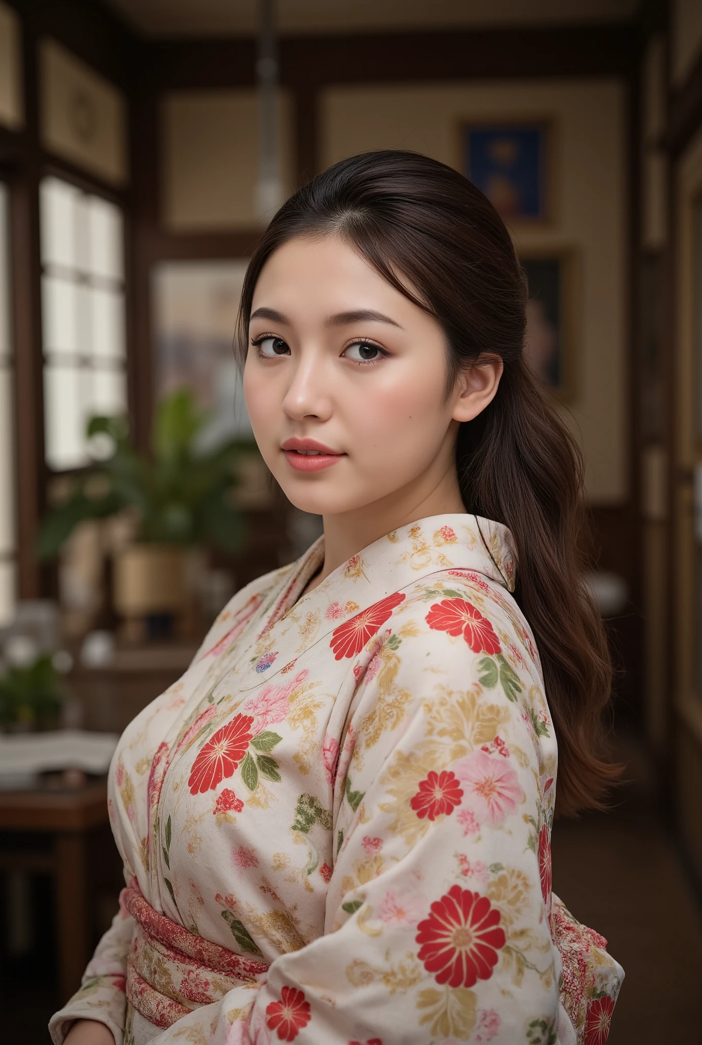 top quality,  Masterpiece,  super high resolution during recording ,  beautiful Japanese girl , Kind Face,  green eyes ,  kind smile,  curvy body,  big boobs,  Up Hair Brown,  Japanese Style Women's Cloth Outfit ,  Japanese kimono, in an old-fashioned room,   night :1.2,