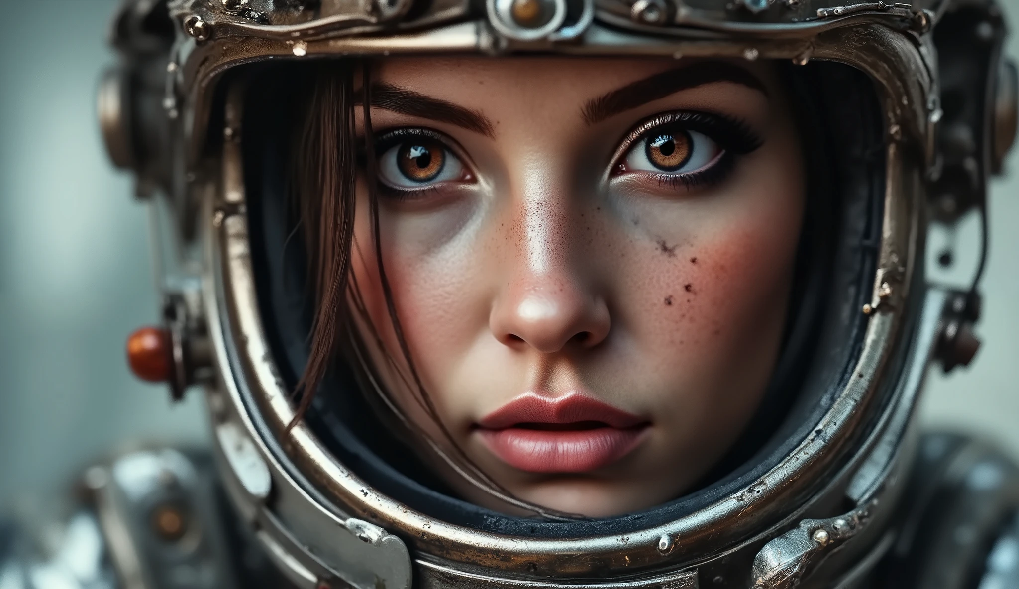 steampunked pretty female woman astronaut in a   corset outfit and astronaut helmet. Huge chests and cleavage.in  space walk in the alien world
 a huge firm  , big , long hair, revealing female outfit Industrial The image is rendered in photorealistic detail, with a focus on realism and depth of field, akin to a concept art piece trending on Artstation, created with Unreal Engine 5, in 8k resolution. zoom in on face shot looking at viewer seductively. ( masterpiece:1.2 ), ( super detailed), 8k, 16k, wallpaper,( steampunk:2.0) . zoom in on face of woman. ,ArsMJStyle, Rococo Steampunk, Enhanced all. A realistic woman in a close-up shot, showcasing her radiant complexion. Soft, natural lighting illuminates her features, highlighting the clarity of her skin. Her eyes gaze directly into the camera, with subtle. full body shot. Zoom in from birds eye view shot. Zoom in from birds eye view shot  showing  and sheer 