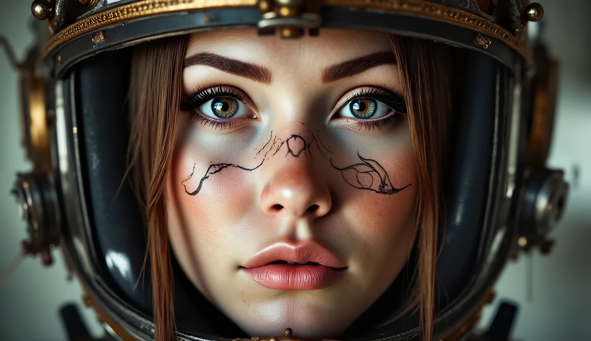 steampunked pretty female woman astronaut in a sexy bikini corset outfit and astronaut helmet. Huge chests and cleavage.in  space walk in the alien world
 a huge firm breast , big ass, long hair, revealing female outfit Industrial The image is rendered in photorealistic detail, with a focus on realism and depth of field, akin to a concept art piece trending on Artstation, created with Unreal Engine 5, in 8k resolution. zoom in on face shot looking at viewer seductively. ( masterpiece:1.2 ), ( super detailed), 8k, 16k, wallpaper,( steampunk:2.0) . zoom in on face of woman. ,ArsMJStyle, Rococo Steampunk, Enhanced all. A realistic woman in a close-up shot, showcasing her radiant complexion. Soft, natural lighting illuminates her features, highlighting the clarity of her skin. Her eyes gaze directly into the camera, with subtle. full body shot. Zoom in from birds eye view shot. Zoom in from birds eye view shot from behind showing butt and sheer bikini