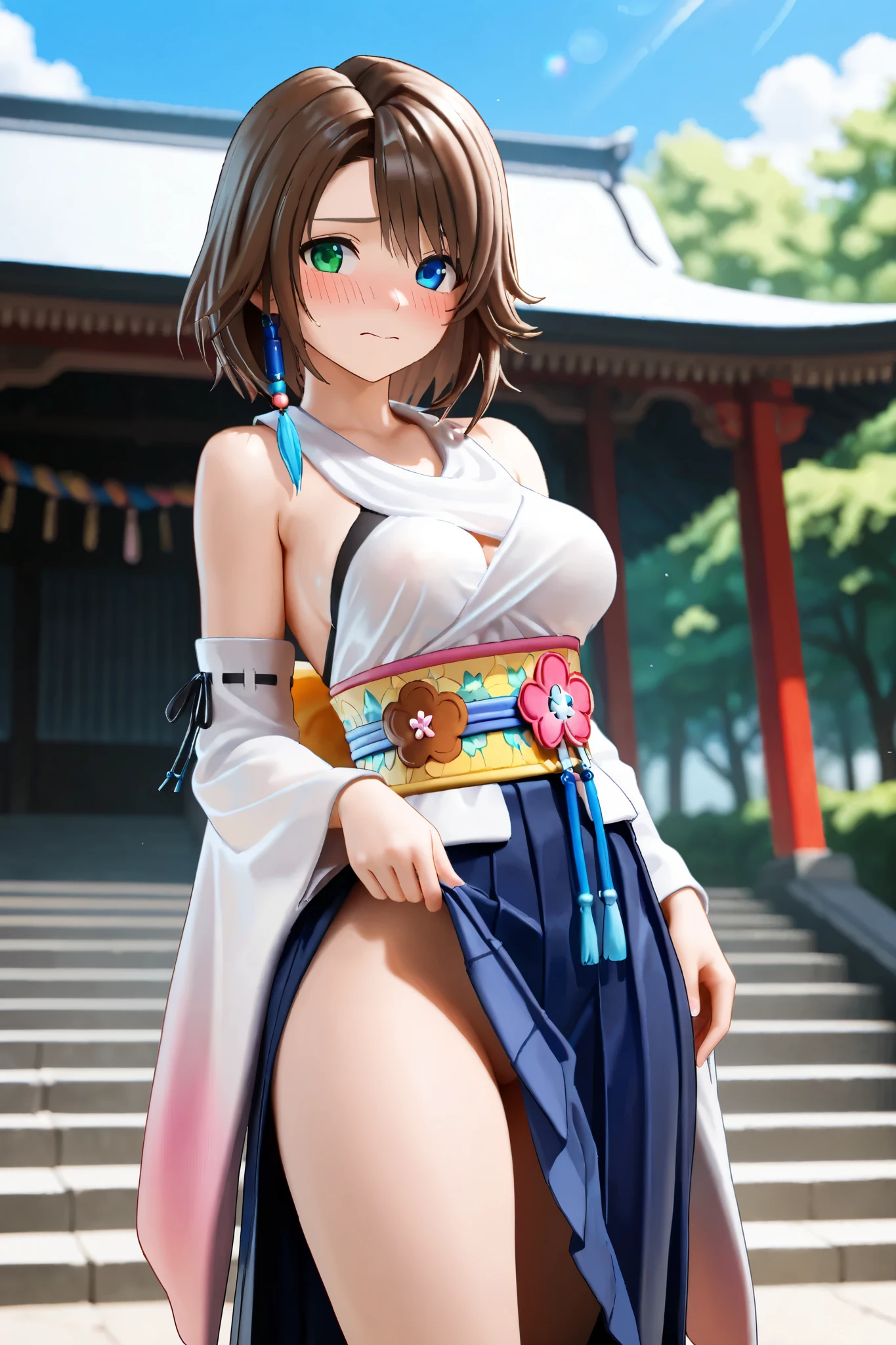 full bodyesbian, Wear colorful kimonos, 17-year-old girl, 17-year-old Japanese girl on a dark city street, Dark and creepy streets, Petite girl, There is a chest, figure, Short brown hair, Exposing the abdomen, midriff exposed, small , ((Big breasts Thin waist)), a small face,Barefoot,Naked
