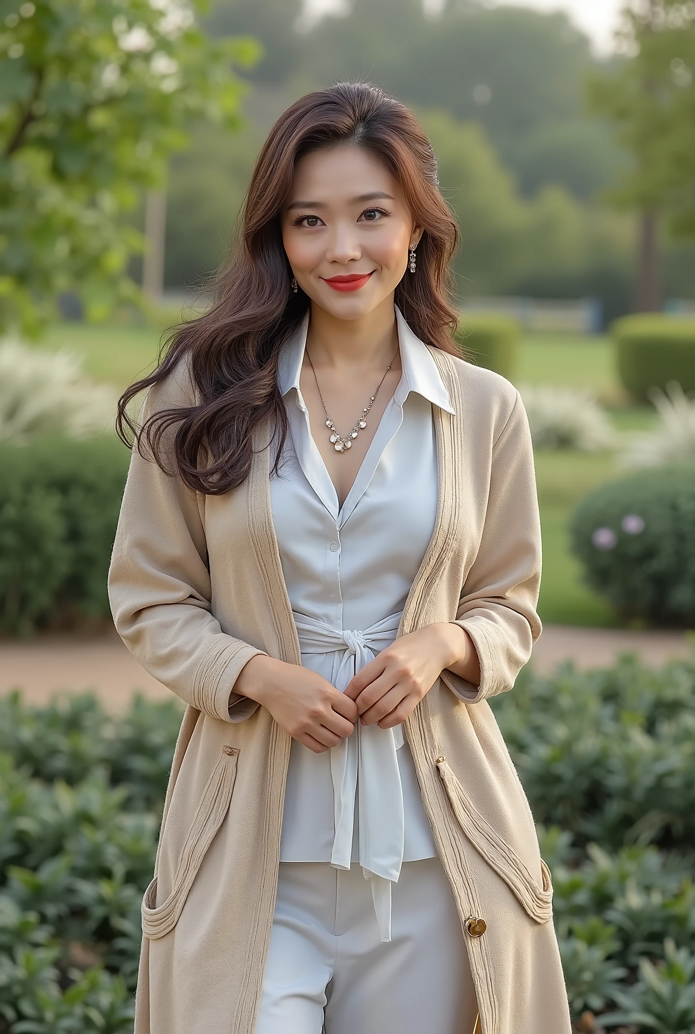 A close-up shot of a 60-year-old korean woman with wavy hair, wearing a beige long cardigan over a white blouse. She has fine laugh lines and a seductive smile, with makeup highlighting her features: lipstick (1.1), eyeliner (1.2), mascara, and eyeshadow. The background is a soft, blurred park scene with vibrant greens, creating a serene and elegant atmosphere. High resolution, masterpiece, best quality, highly detailed, sharp focus, depth of field, physically based rendering, realistic (1.37), ultra-realistic (1.1), photorealistic (1.37). Upper body only, hands and arms excluded.