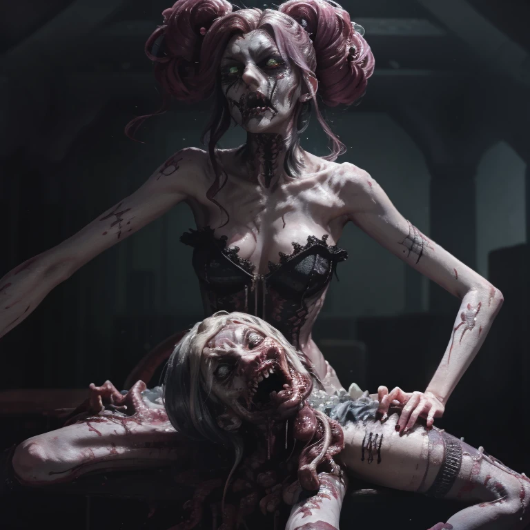 realistic, (1girl naked) (creepy undead monster:1.5), (open mouth, tongue out), (wearing skirt, lifted skirt, ribbon:1.3), (anus1.2), (anal beads:1.3), (open vagina:1.2), (small breasts:1.2), (puffy nipples:1.3), (grey skin:1.3), lying on back, concrete floor, dim lights