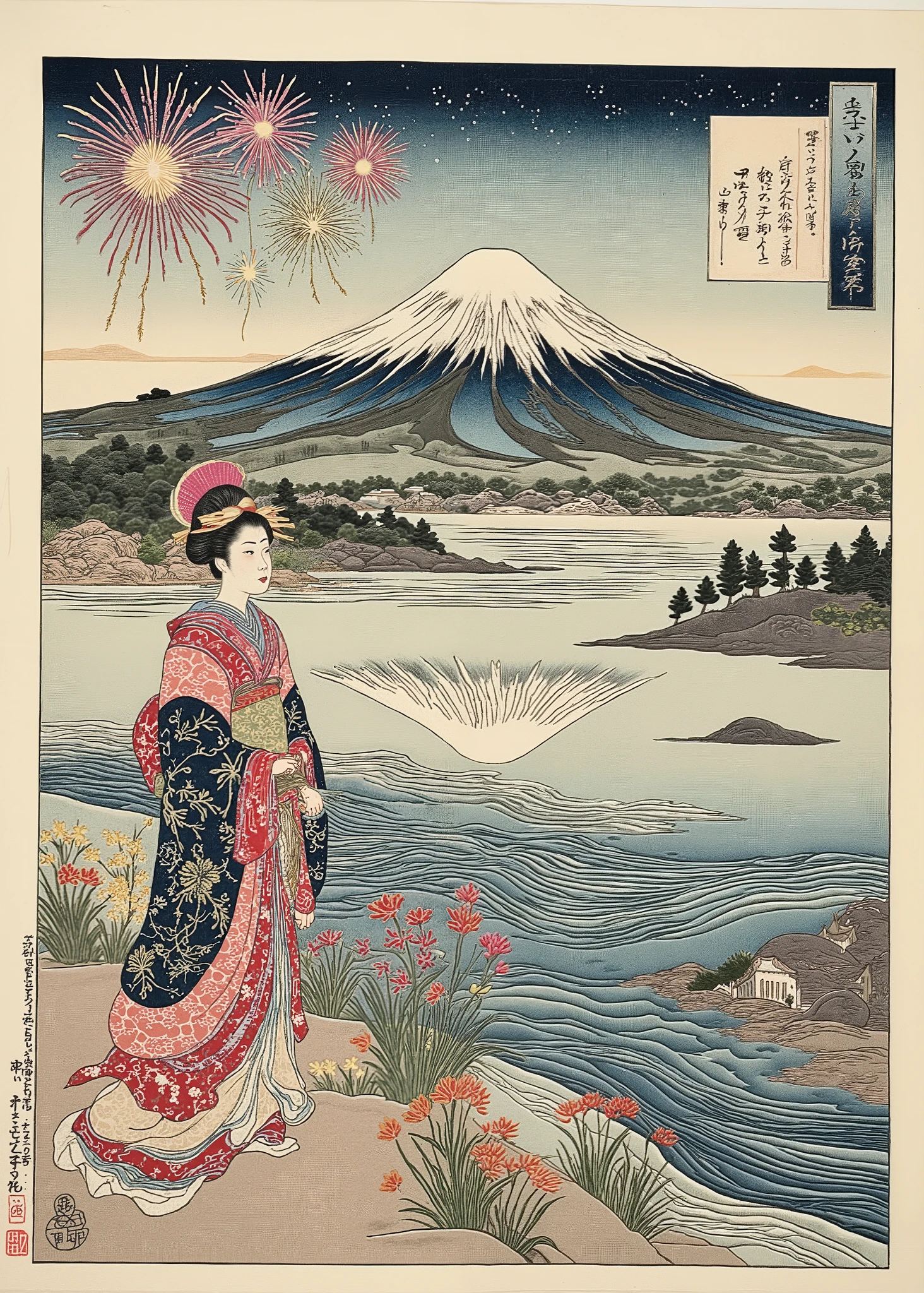  Ukiyo-e Style , A geisha wearing a flashy kimono looks at Mt. Fuji.  Fuji can be seen on the other side of the big lake  、Upside down Fuji reflected in the lake  、  evening、 fireworks、Ukiyo-e on Japanese paper  ,  mixed style of sumi-e and Ukiyo-e  , Zen ink painting ,  tsukioka1 Japanese woodblock print Ukiyo-e 、texture.