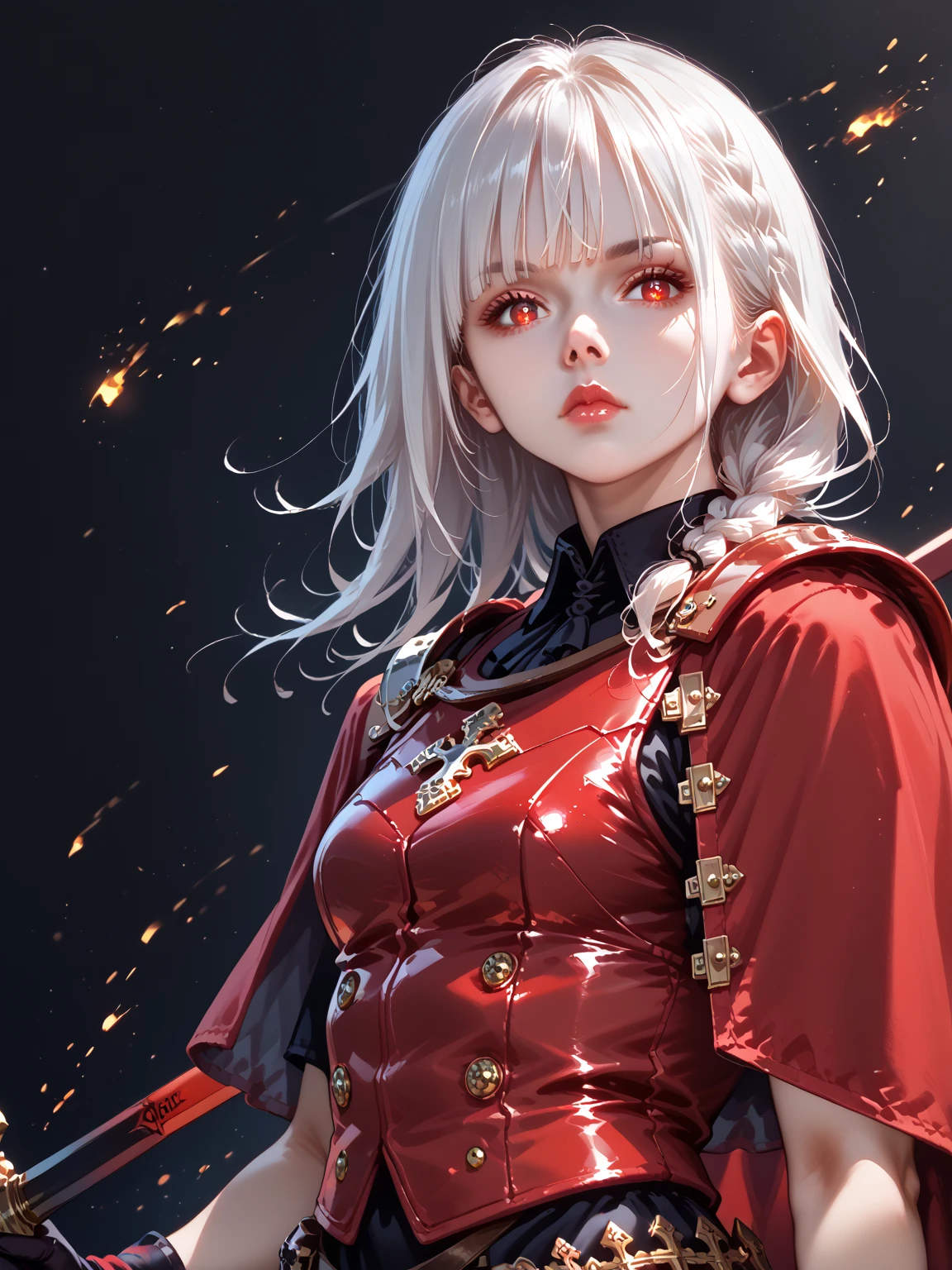 one-girl,White color hair,Red eyes,Bare legged,long whitr hair,Red coat, steampunc