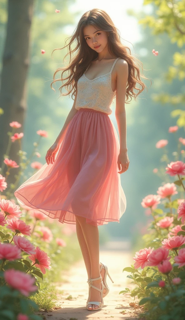 Ultra high quality,High heel,Long legs,happy,Sunlight,Lace off-the-shoulder,Pink floral skirt,Wear flowers on your head,student,charming,Ribbon