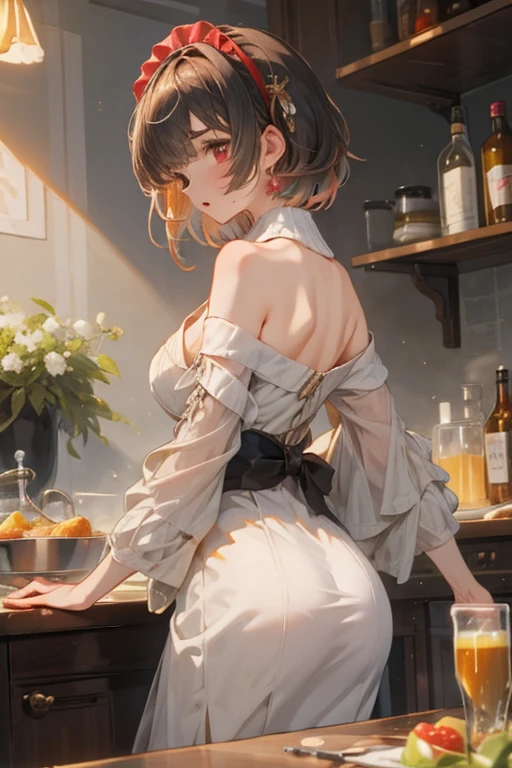 (from above:1.2),(from side:0.9),(A masterpiece of image quality in 8K),(Beautiful Allafed Woman),(((emphasizing breasts:1.1))),(Dynamic angles),(Dynamic and sexy bending pose:1.3),(sit a chair:1.1),(Short hair in shiny silver and orange inner colors,small full breasts,Disturbance of clothing due to movement,breast slip,(Ponytail twisted buns adorned with elaborate braids and beads,Braided Setup Fishbone Hair,),(see-through bangs),(perky chest:1.1), (pointed chest:1.3), small breasts、(((A white lace apron that shows your bare skin from under your small breasts)))、Blush with embarrassment、Enraptured eyes、A smile that beguiles the viewer、(Look back:1.7)、Look into the photographer,skin glistening with sweat,gazing at viewer,,(Professional Lighting),(8K,masutepiece,top-quality,Ultra-high resolution output image,),(Ultra HD with complex detail image modes),depth of fields,Beautiful hands,Beautiful fingers,Detailed finger features,(Detailed hair features:1.7),detailed facial features,detailed clothes features, (perky chest:1.1), (pointed chest:1.3), seductive weak smiling,(with sparkling eyes and a contagious smile),little open mouth,