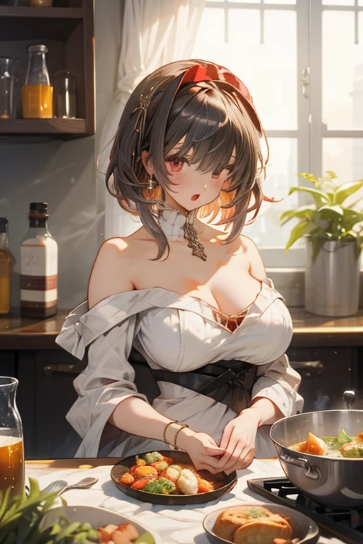 (small breasts:1.3), (perky chest:1.1), (pointed chest:1.0), (fashion magazine cover:1.3)，(from below:1.0),(from side:0.9),masterpiece, 1girl, Amazing Cleavage:1.1, thin waist, big ass, Raised sexy, small breast: 1.3, posed cleavage:1.2、solo, looking at viewer, open mouth, have a cute grass of cute beergrass,black hair, dark green eyes, dress, bare shoulders, jewelry, collarbone, sidelocks, hairband, earrings, indoors, off shoulder, :o, sweater, arms behind back, plant, short hair with long locks, gild hairband, off-shoulder dress, sweater dress, off-shoulder sweater, red sweater, dark gord hair, big side hair, very long side hair,is rendered in (masterpiece: 1.2, best quality), with (ultra high resolution) and an exquisite (depth of field). This masterpiece is not only visually stunning but also tells,A scene of cooking in the kitchen by classroom
