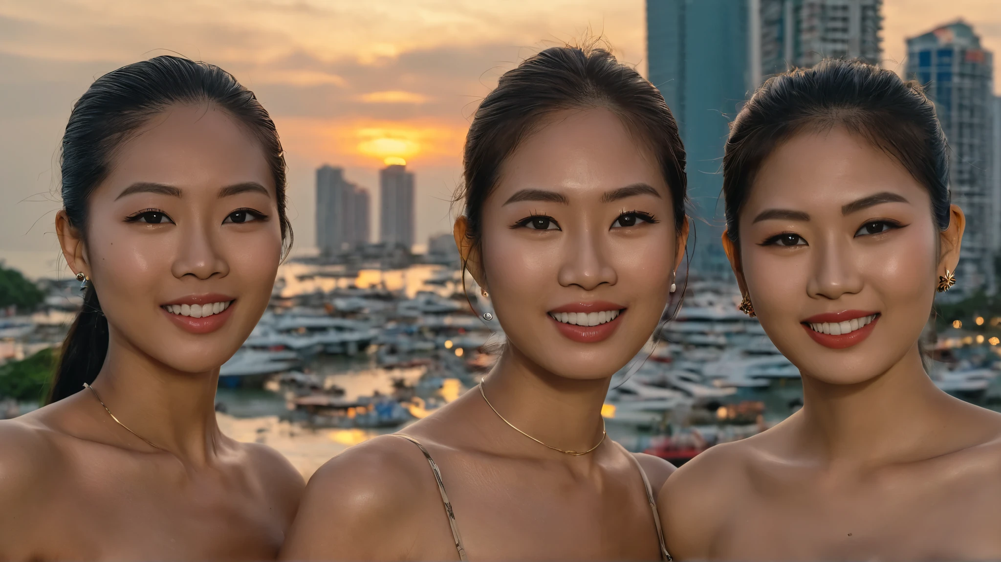 3 young Thai women with blond hair, blonde, bodybuilder physique, muscular, super fit, tattoo on the neck, wearing sports bra, having a party at the pool, leica_style,masterpiece, best quality,super detailed, high resolution, very detailed, 8k uhd, (Skin Wrinkles: 0.9), (fidelity, fidelity: 1.5), (high detailed skin:0.9), (visible pores:0.6),Clearly visible pores, real skin texture, Thai, Korean, Vietnamese, street,night, ((detailed face)),(freckles:0.8), (naughty smile:1.1), (focus on the eyes), (natural light), amazing, photon mapping, radiosity, amazing physically based rendering, fine detail, best, high quality , RAW Photo, (Bokeh: 1.2), Realistic, (Depth of Field: 0.5), Bokeh Background, (Detail Clothing Features), real skin,(dynamic pose: 0.6), (skindentation), (((outdoors))),pureerosface_v1