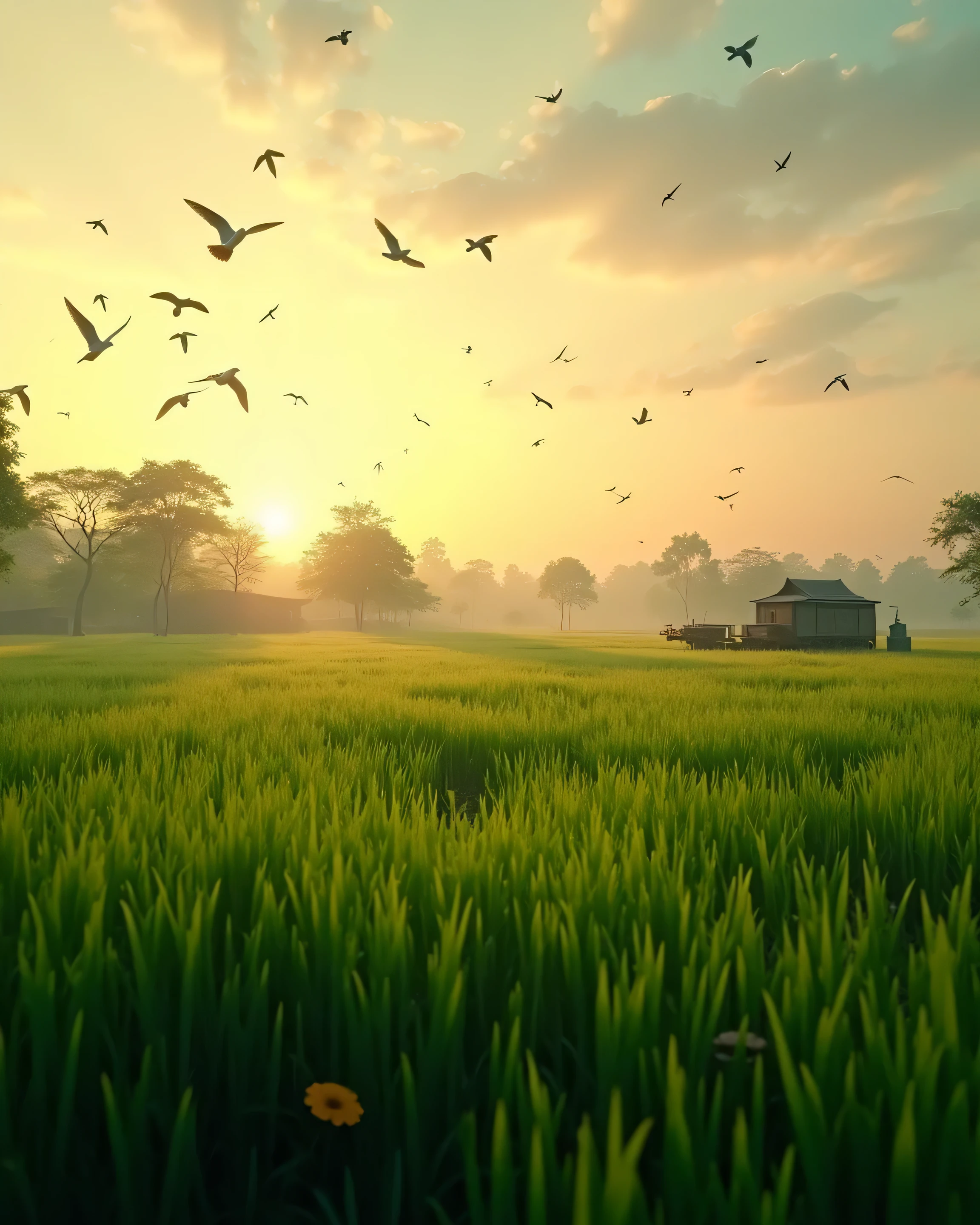 Indian farming cinematic farm evening, peaceful evening, birds flying above the farm , greenary cinematic, big grass farm