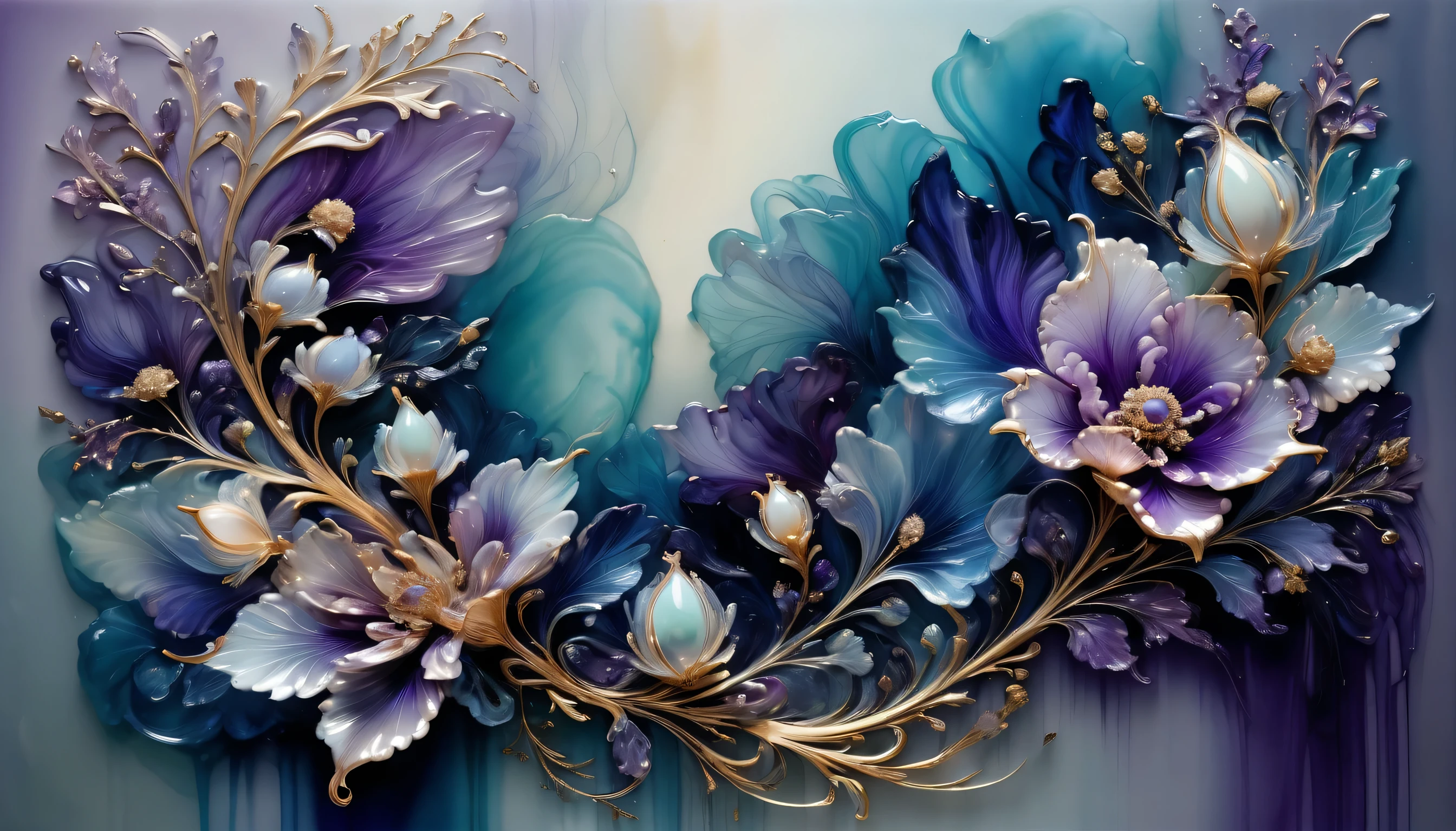 A bunch of blooming flowers,the petals show different shades of blue and purple,the center is embellished with gold texture,sparkling,elegant and unique,gently swaying,mysterious and charming,realistic and abstract art,details,very realistic,beautiful and vital,dreamlike and surreal,delicate brush strokes and rich colors,beauty and mystery,unimaginable beauty,Ornate And Intricate,transparent,translucent,Agate material,jade material,BY Anne Bachelier,