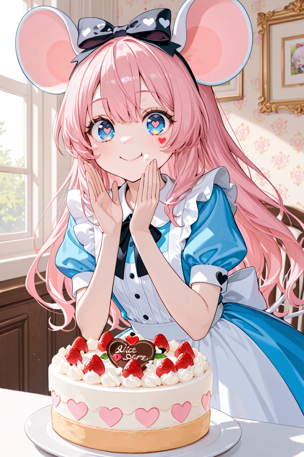 solo, 1girl\(cute, kawaii,small ,pink hair,blue eyes,detailed pupils, wearing dress\(alice in wonderland\), mouse ear,big eyes,smile,eating cake,cute pose\). BREAK .background\(simple,cute,heart mark symbols\). BREAK .. BREAK .masterpiece, high score, great score, very aesthetic, high resolution, ultra-detailed, absurdres, newest