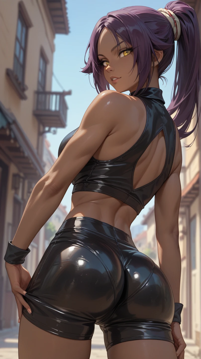 shinobu Kocho, GothicC, multicolored hair, cropped jacket, fishnets, fingerless gloves, perfect body, large chest, perfect chest, large hips, perfect hips, curvy, tight black pants, ponytail, purple hair, back shots,