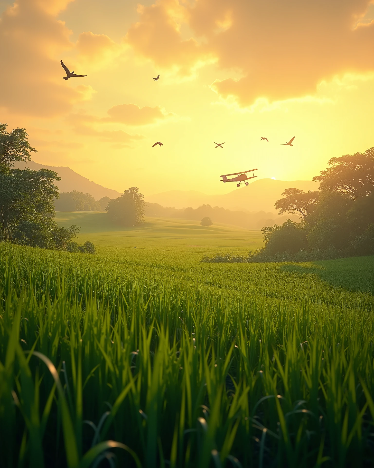 Indian farming cinematic farm evening, peaceful evening, birds flying above the farm , greenary cinematic, big grass farm, small airoplane flying at large distance 