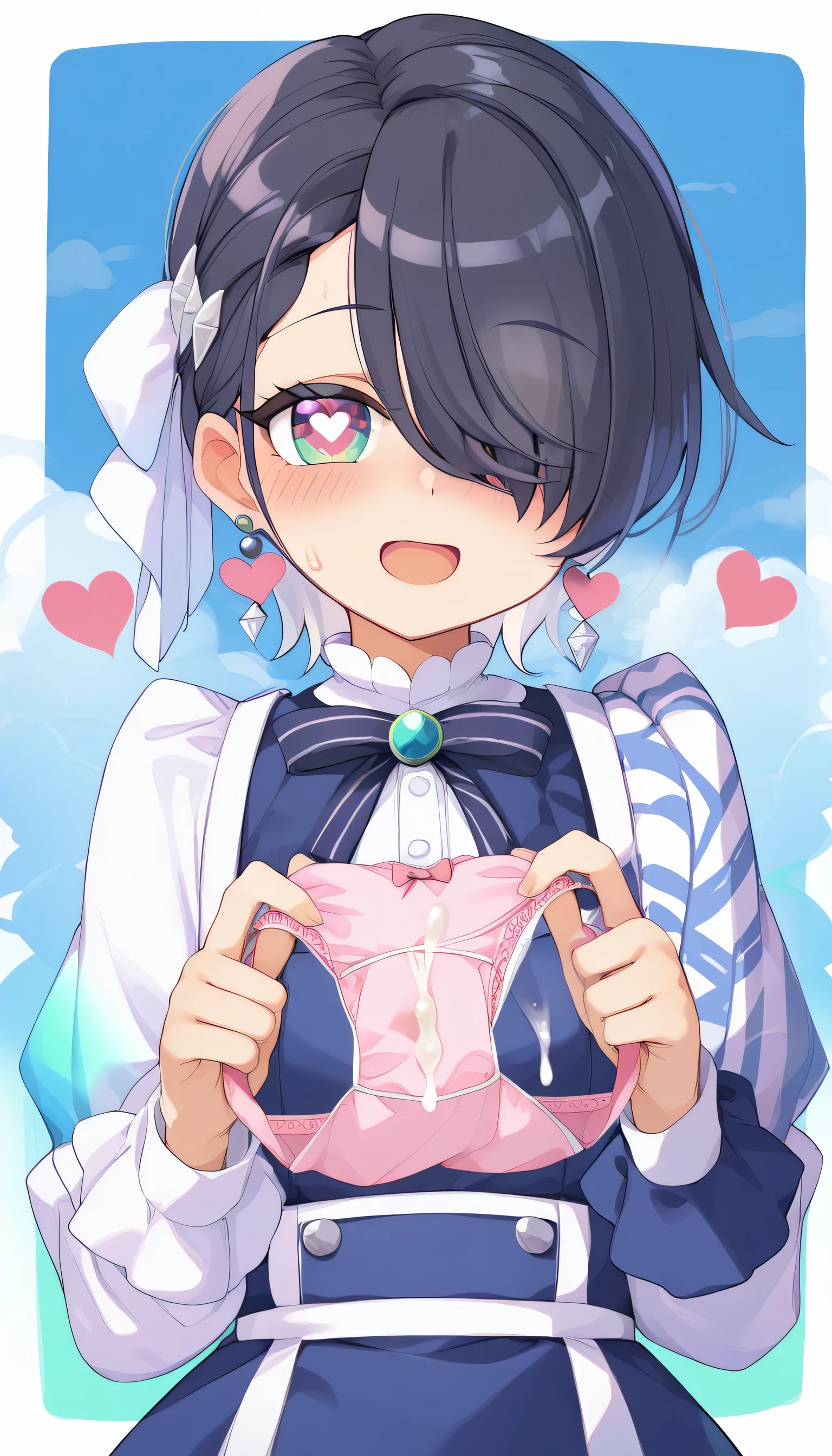 best quality、masterpiece、nsfw、sweat、(((vapor)))、(( shiver))、(( heart))、Hair over eyes、 black hair、(trembling)、heart shaped eyes、 short hair、Cat ears、open mouth、 thigh high socks、((holding panties)), unworn panties、((present Panties))、(((cum on Panties)))、(((clothes)))、 idol costume、((semen ))、(expensive cum)、(((Put it on your panties)))、(1Penis)、(cum on clothes)、upper body、excessive cum