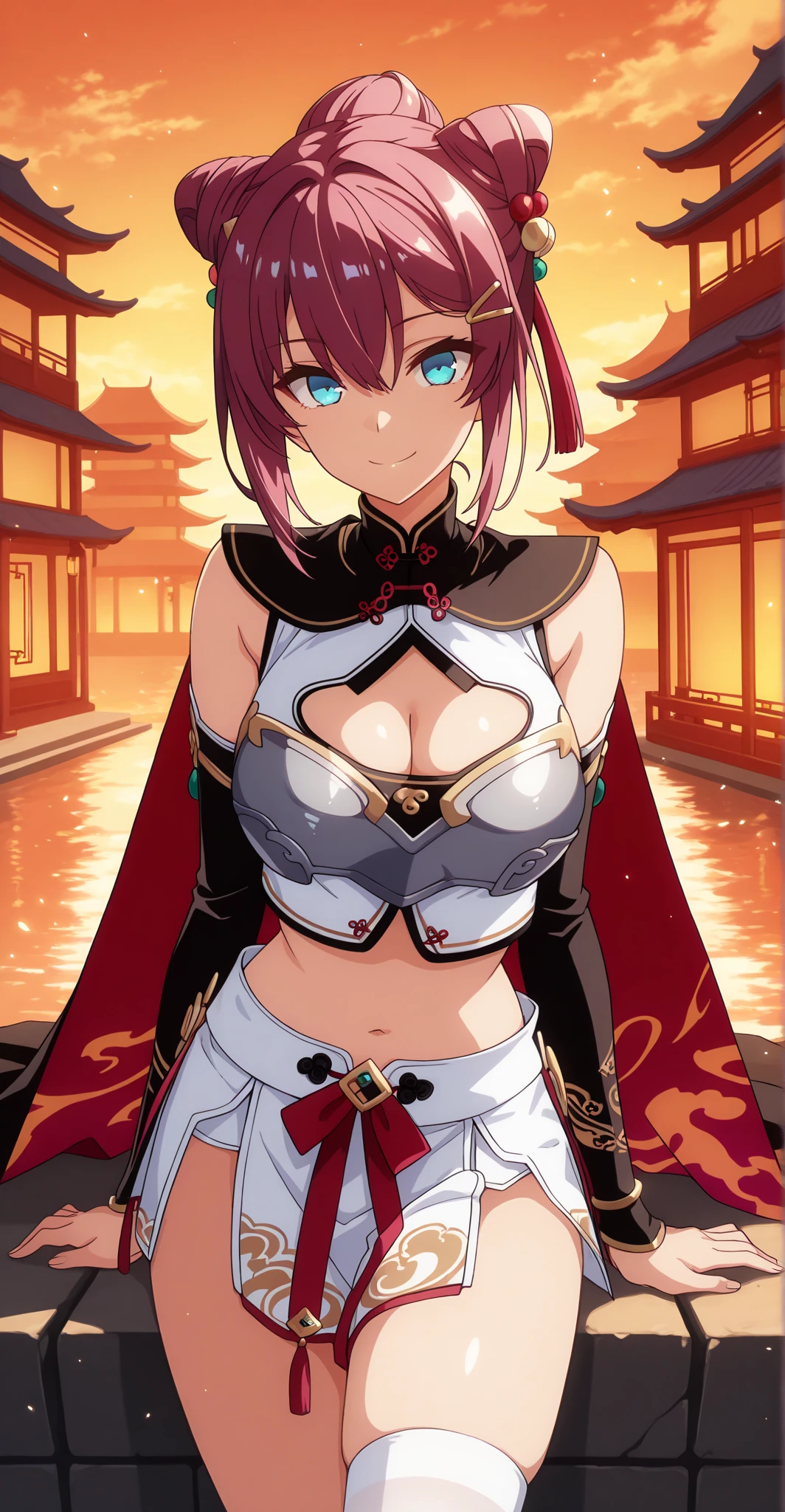 best quality, masterpiece, high quality, vesta_harem, 1girl, large breasts, cleavage, navel_cutout, side_slit, [[[[[red eyes]]]]], BREAK (red_leggings), oversized_belt, white_dress, [[[white_loincloth]]], bare_hips, BREAK holding_sword, scabbard, navel, night_sky, moonlight, cloudy_sky