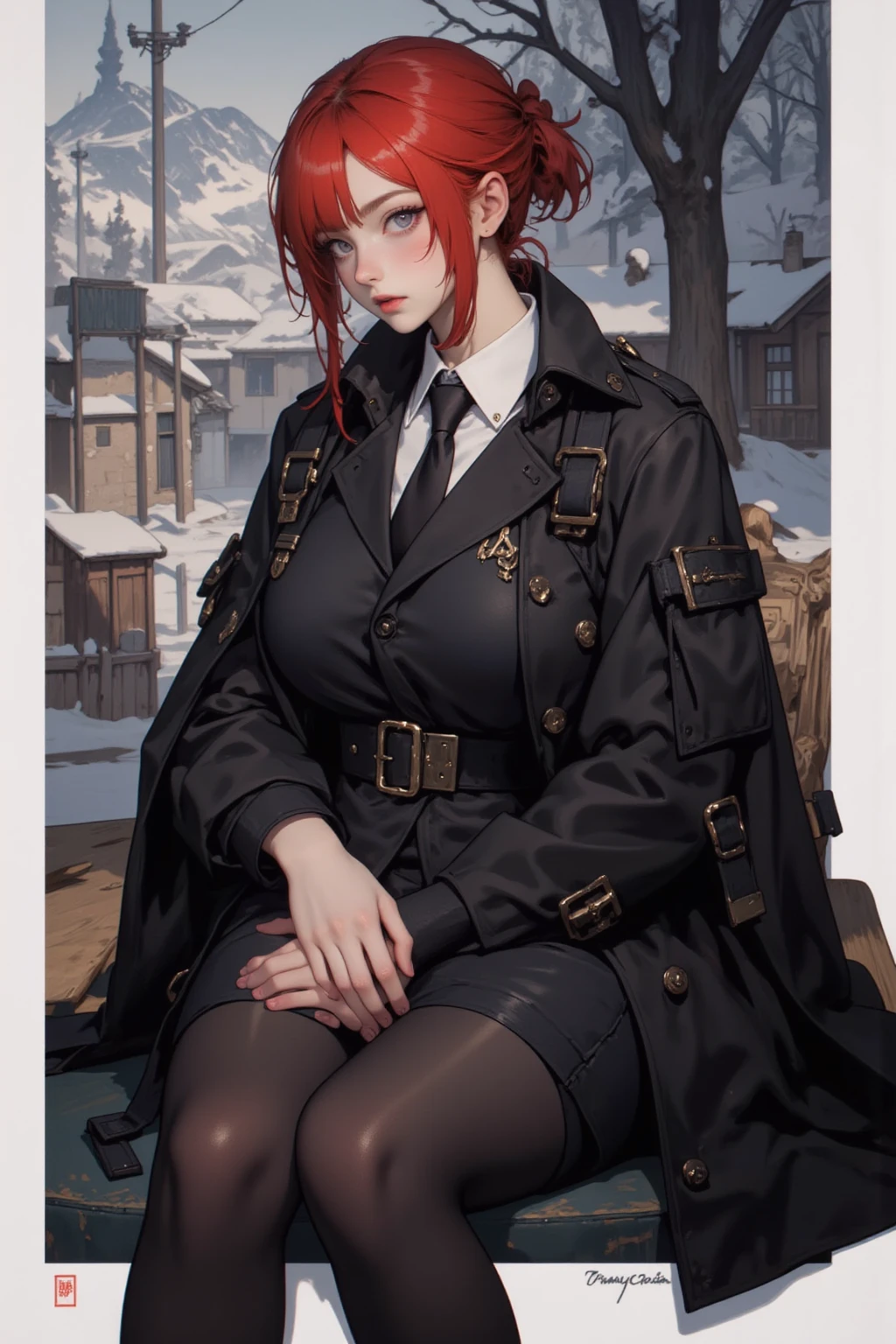  in high definition、 ulchan-6500-v1.1, ( RAW Photo :1.2), ( Photorealistic ),  trench coat,  very detailed目と顔,  Beautiful and delicate ,  large file size , Wearing a high-resolution black suit,  very detailed,  top quality, [ Masterpiece:1.6], Awareness-raising,  very detailed, CG, finely,  top quality, 8k wallpaper,  Movie Lighting,  in the seat, ,  Perfect Body, There is light 、 short hair、 and a shape with a huge border、Snowy Town , red hair 