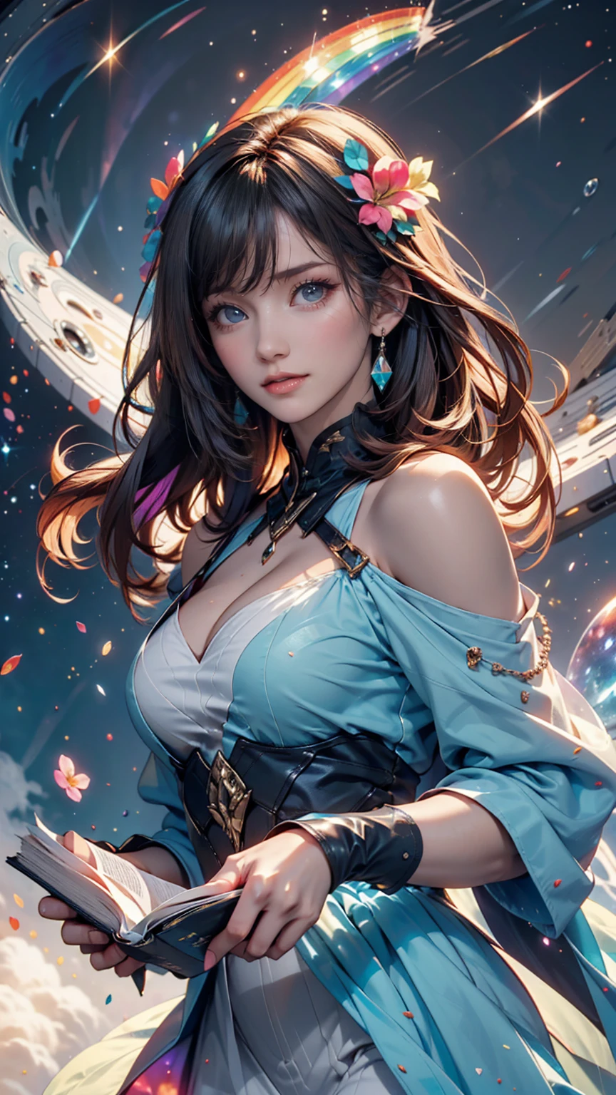 girl, Located on the corner, looking at the null, alone, Mona (Genshin Impact), choker, Hair between the eyes, star (symbol), Long Hair, Dark purple hair, Twin tails, blue eyes, Shining Eyes, jewelry, witch, Maid, bangs, Purple black dress, Purple Skirt, White apron, landscape, night null, star (null), starry null, night, Outdoor, cloud, reflection, water, magic, Tarot, water magic, ((beautiful golden crystal star)),  null間, water droplets, splash