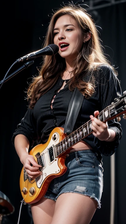 Lucy Pinder, (Adele), portrait, voluptuous, ((VERY INTENSE MAKEUP)), mouth wide open, sweating, Singing, sexy dress, playing guitar