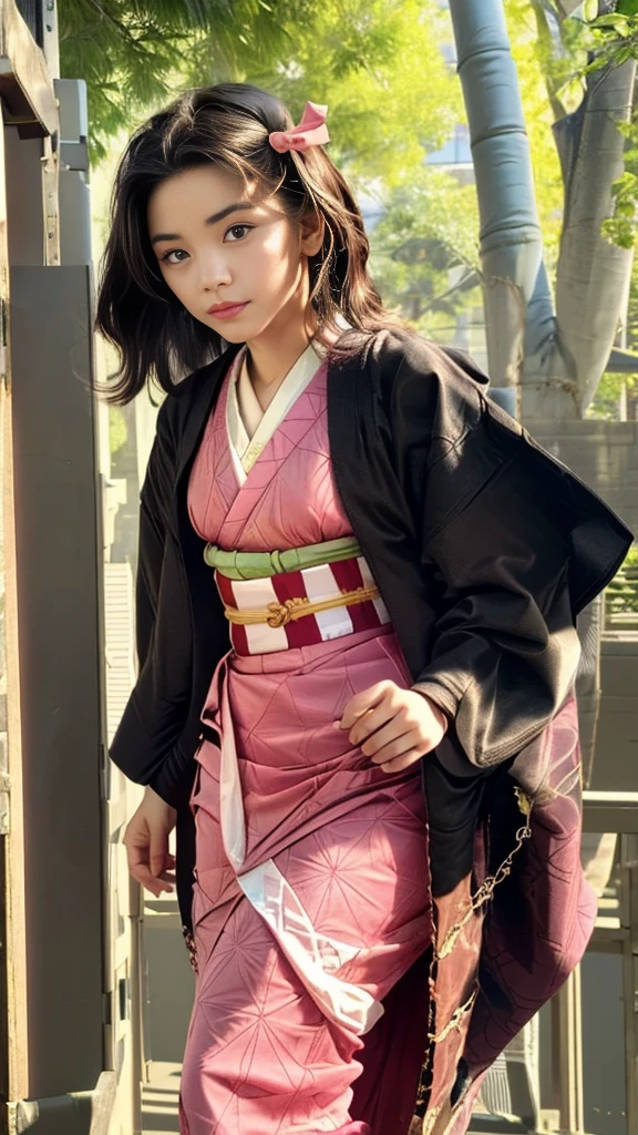 (realistic:1.3), finely detailed, quality, rembrandt lighting, (masterpiece:1.2), (photorealistic:1.2), (best quality), (detailed skin:1.3), (intricate details), dramatic, ray tracing, 1girl, 21 years old, detailed skin texture, (blush:0.5), (goosebumps:0.5), subsurface scattering, smiling, medium breasts, momohime, black hair, brown eyes, hair flower, japanese clothes, flower print, green obi, shoulder armor, kimono, striped thighhighs, cowboy shot, (bright sunny day, ancient japanese wooden houses, ancient japanese village, japanese decorations, outdoors), <lora:muramasa_momohime:1>