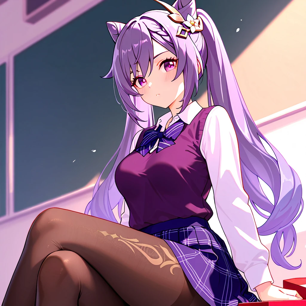 girls, pink hair, blue yellow eye, wolf ear, glasses, short skirt, school outfit, medium breast, stocking, horsetail hair style, night theme, park, sit on the chair
