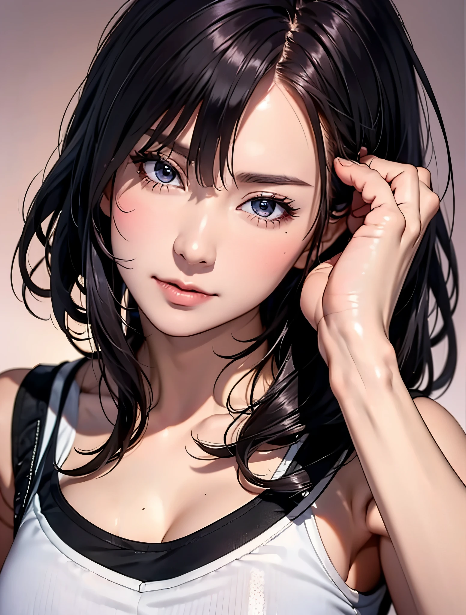 ((((highest quality)))), (((Ultra-precision CG 16K))), (((masterpiece))), (((Very detailed))), (((Extremely detailed))), (((Black outline:1.3, Written boundary depth:1.3 , Written soft outline))), Maximum clarity and sharpness,Multilayer Texture, Surface Shading, Cinematic lighting, Beautiful details sparkle ,Perfect Proportions, Limited to three woman, BREAK accurate, Anatomically correct, Highly detailed face and skin texture, drawn in detail, Highly detailed facial and skin texture, Detailed eyes, beautiful hair, Beautiful Japanese Idol face, Beautiful and beautiful eyes, Beautiful body, Beautiful breasts, Beautiful thighs, Beautiful legs, Beautiful fingers, (Beautiful views) , skinny body, ((Beautiful Skin)), ((Skin Texture)) BREAK breast enlarged, medium Breasts, rocket breasts, (perky breasts), (covered nipples), slender waist, ( narrow eyes, blush, determined expression, hot, sweaty , Heavy breathing,) , (streaked hair, hair intakes, colored inner hair, ) BREAK (((wearing oversized character printed sexy tank top, wearing outfit in casual way, wearing pleats mini-skirt, breasts is covered by outfit))) , wearing earrings, BREAK ( stick breast out),(((looking at viewer, super detailed background , ))), BREAK (((portrait, close up, cowboy shot, looking at viewer, \(face waiting for kiss\):1.3))), BREAK (sitting, a girl Applying Lipstick In front of vanity table Mirror:1.3, natural make),