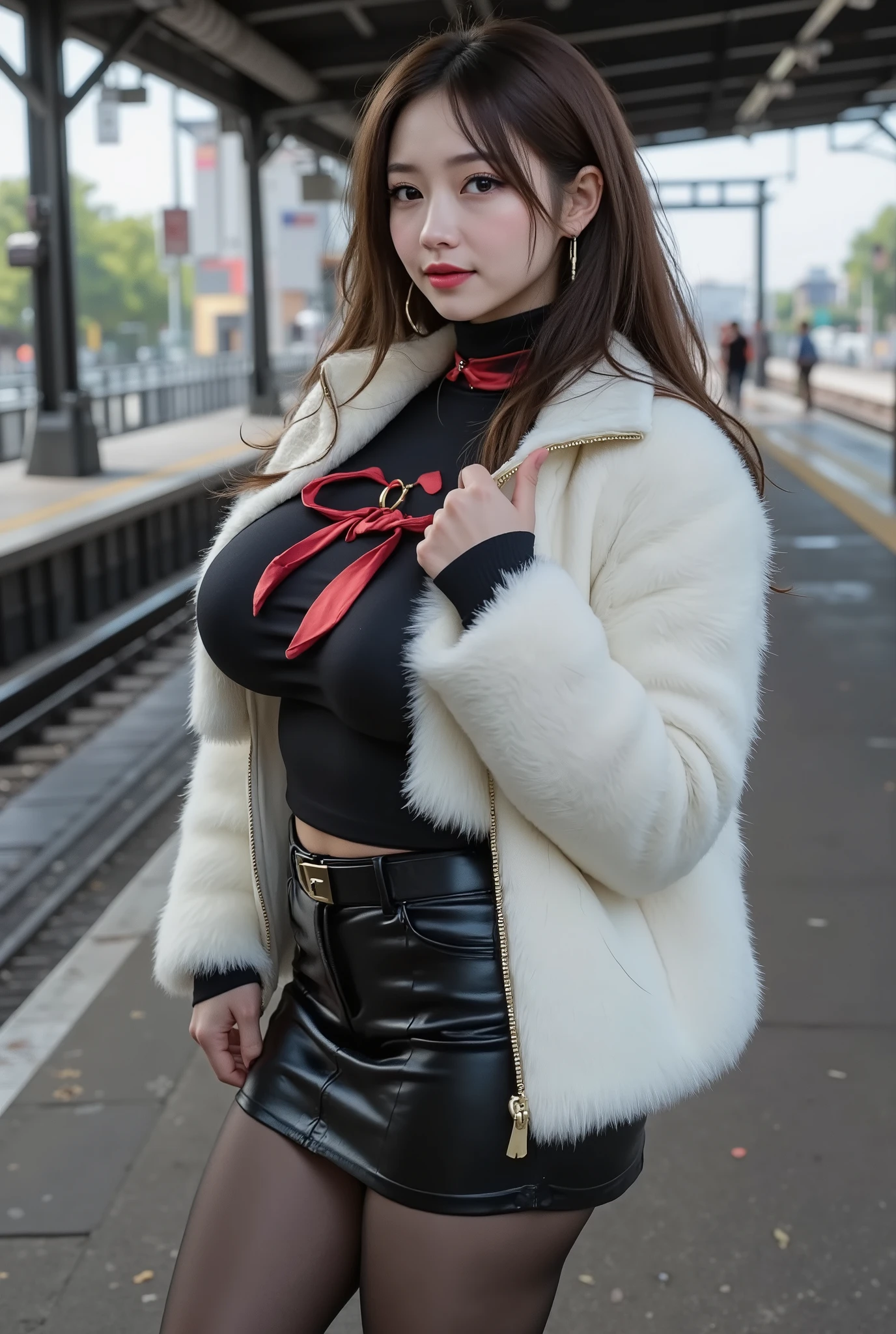 long distance shot :2.0、(16k、 RAW photos , top quality, masterpiece)、(Actual photo)、(realistic pictures)、 Learn more, beautiful eyes, very detailed and beautiful , amazing details 、 BEAUTY WITH PERFECT BODY 、 real face, detail your face down to the smallest detail、 brown hair、Long hair curls、 Fluffy Curly Hair 、Curly hair with a three-dimensional effect、 large almond-shaped eyes 、 eyeliner is soft brown、Thick eyeliner 、Light false eyelashes 、Beautiful older sister、 cute beauty with perfect body 、 glowing skin、 glossy lips、 high resolution face and skin texture 、 detailed eyes 、double eyelids、Eyes are black、blue eyes、 Has bangs、A wide shot of a character、 full body shot:1.3、Foot Shot、Fluffy white down jacket、 show white micro bikini 、 black sweater with red bowtie collar、 black miniskirt inserted from behind、 black tights、 high heels、station、stationのホームで立っている