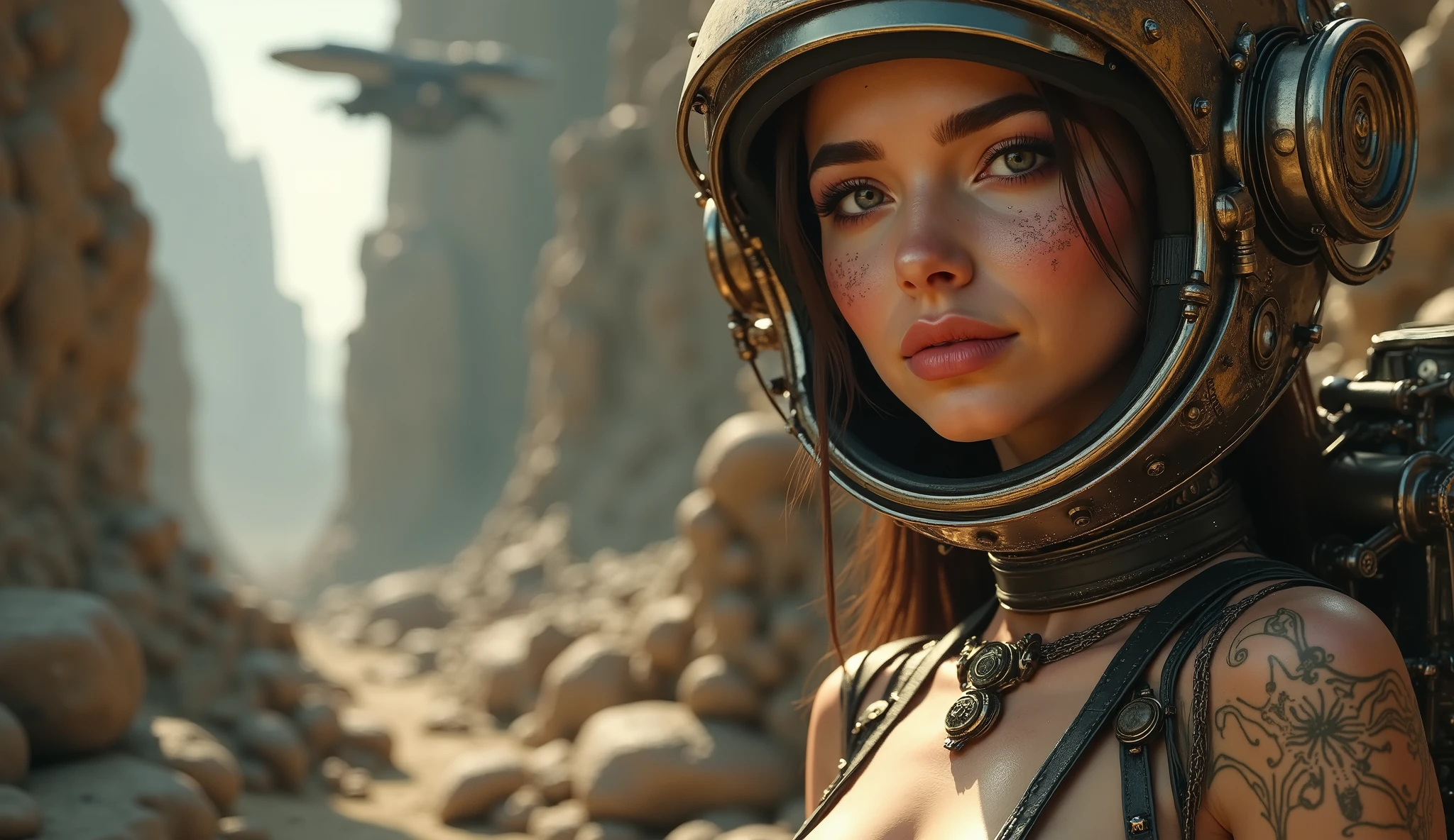 steampunked pretty female alien woman astronaut in a sexy bikini corset outfit and astronaut helmet. Huge chests and cleavage.in  space walk in the alien world
 a huge firm breast , big ass, long hair, revealing female outfit Industrial The image is rendered in photorealistic detail, with a focus on realism and depth of field, akin to a concept art piece trending on Artstation, created with Unreal Engine 5, in 8k resolution. zoom in on face shot looking at viewer seductively. ( masterpiece:1.2 ), ( super detailed), 8k, 16k, wallpaper,( steampunk:2.0) . zoom in on face of woman. ,ArsMJStyle, Rococo Steampunk, Enhanced all. A realistic woman in a close-up shot, showcasing her radiant complexion. Soft, natural lighting illuminates her features, highlighting the clarity of her skin. Her eyes gaze directly into the camera, with subtle. full body shot. Zoom in from birds eye view shot. Zoom in from birds eye view shot from behind showing butt and sheer bikini. a galactic spacecraft is in the background.