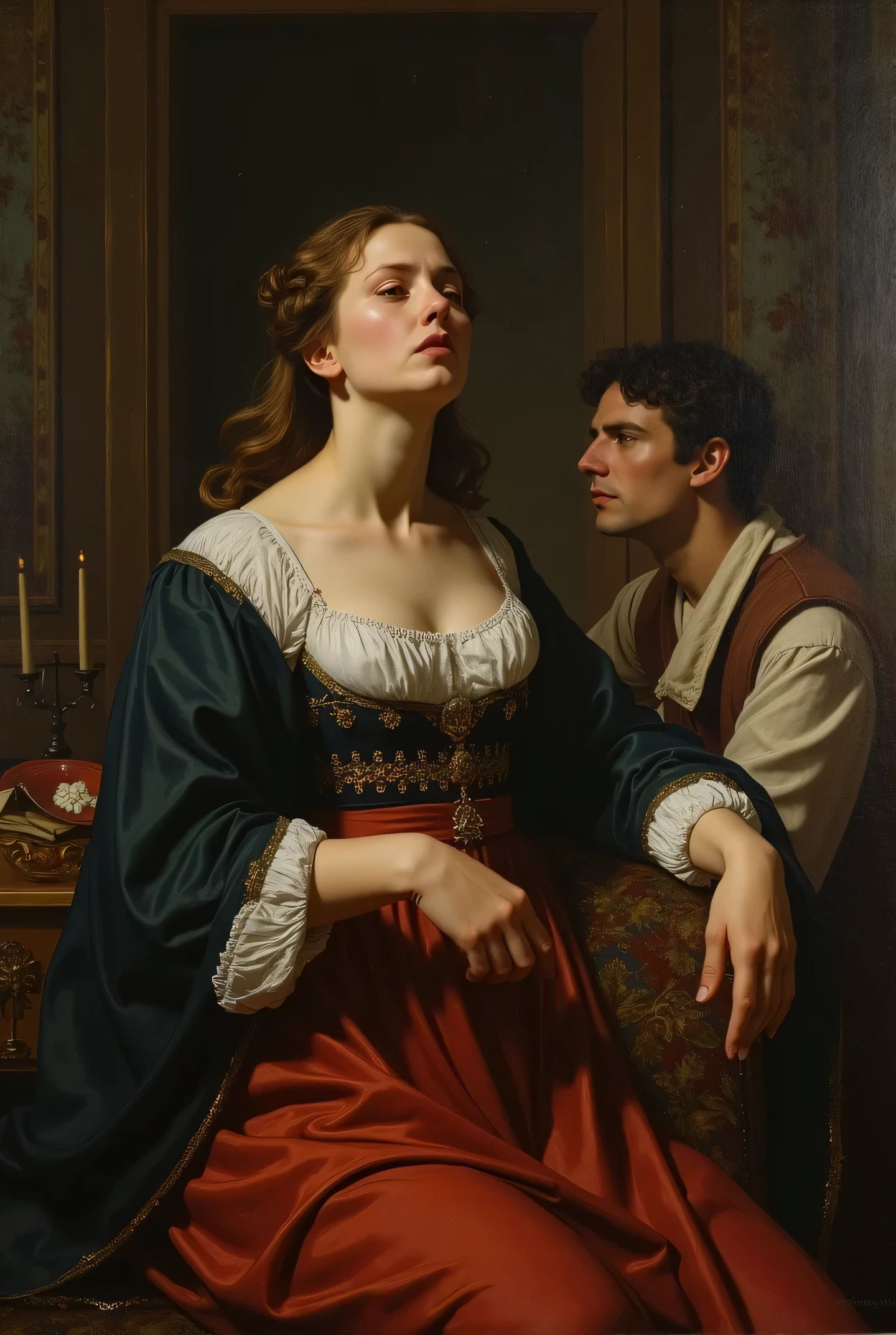 A painting of an aristocratic man sitting at his desk and talking to the A provocative and sensual portrait of a nude woman in a desperate, submissive pose. [Character Description] A 20 year old caucasian woman with an alluring figure, (((pretty breasts))), long wavy, kinky jet black ponytail hair, black stockings, is on all fours in a vulnerable, desperate expression. He is showing her something on the table with one finger. She sits near him, holding her hands behind her head. A romantic scene in the Rococo style, in the style of Jean-Baptiste Béraud, oil painting, fine art, in the Baroque style