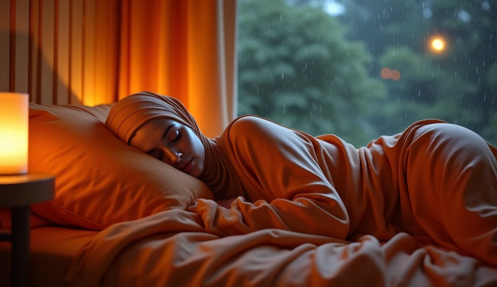 A Muslim girl in a headscarf,sleeping soundly in her room.rain on the glass window of a rainy night Muslim girl glass night rain woman