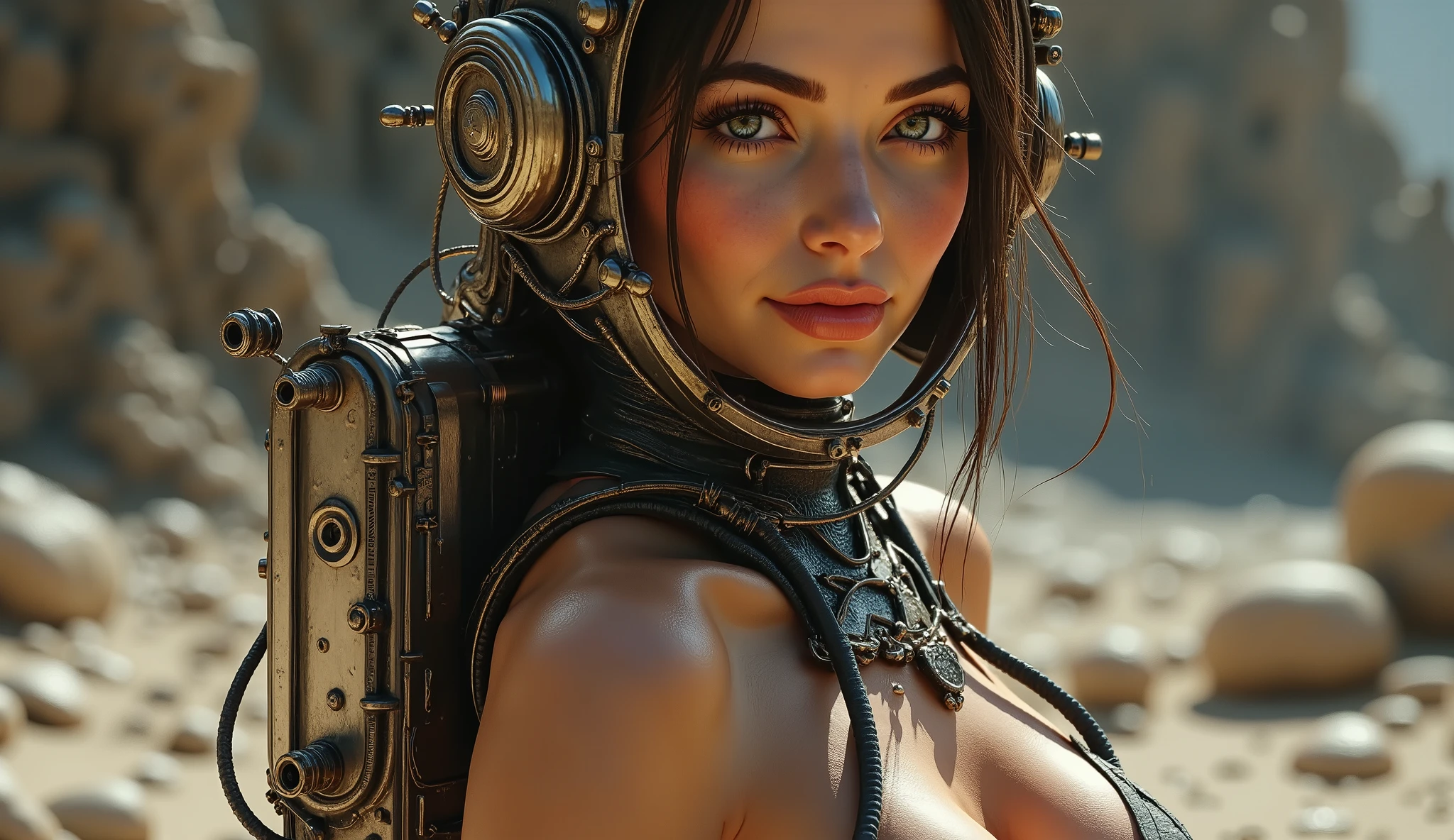 a woman in a bikini standing in front of a bunch of machines, a detailed matte painting by Jason A. Engle, zbrush central contest winner, retrofuturism, reimagined by industrial light and magic, sci-fi, zbrush
