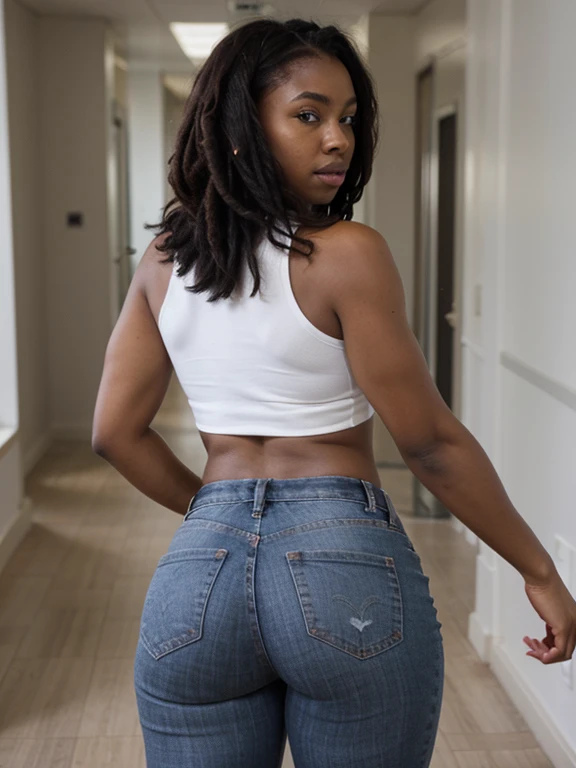 (ung woman, 20 years old, extremely beautiful), (very beautiful cimetric face), (((tied curly hair, bun))), (Ebony), (long eyelashes), eyes with black eyeliner, (((smiling happy expression ))), (subtle makeup), (((dark, black skin))) , (bright, reflective, oily skin), (perfect skin without blemishes), ((curvy body)), (thin waist), (( thick and toned thighs)), ((wide hips)), (((big butt, thick ass, huge ass))), ((steatopygia)), (voluminous breasts), (((wears short denim shorts, white blouse cotton))), ((in slide slippers)), (sexy position, pert ass), (full body), ((looking at the observer)), stereogram, atmospheric perspective, hyperrealism, depth of field, (reflection of light), (bright environment), (from behind), (dynamic angle), (in the simple living room), 8k, super details, better quality, reflections, textured skin, high resolution, cinematic lighting, (clear image), (clear image)