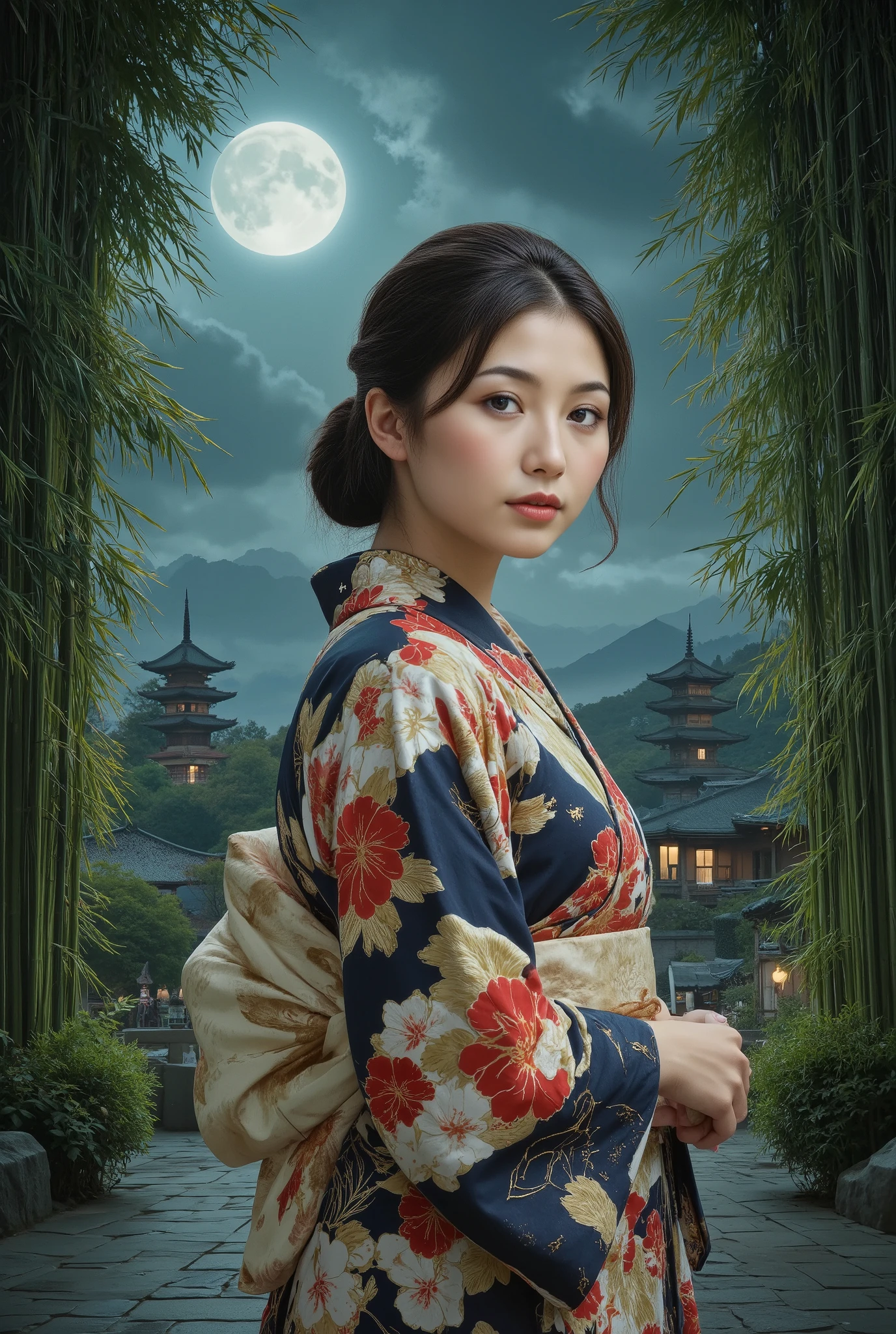  Japanese kimono beauty , bamboo forest, Japanese Temples, night,  full moon, Moonlight,