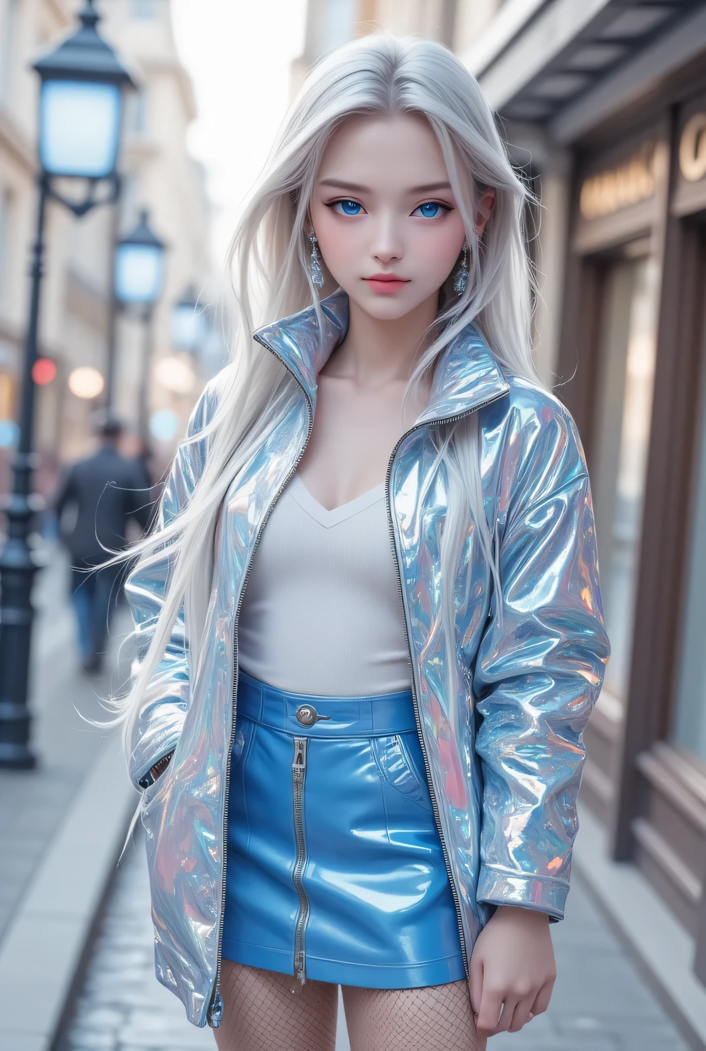 (super cute young face:1),
very beautiful cute french girl,
(:1.4),
(clear blue eyes:1),
exquisite smooth and silky long blonde straight hair,
(happy cheerful smile),
professional photograph ,
(lower body Super Shiny metallic cobalt blue tight mini skirt:1.2),
(upper body Super shiny holographic white fashionable winter outerwear:1.2),
narrow waist,
in the street,
(costume with very smooth and mirror-like strong reflective surfaces:1.1),
(large fishnets pantyhorse),
(very thin makeup),
(full body shot:1.3)