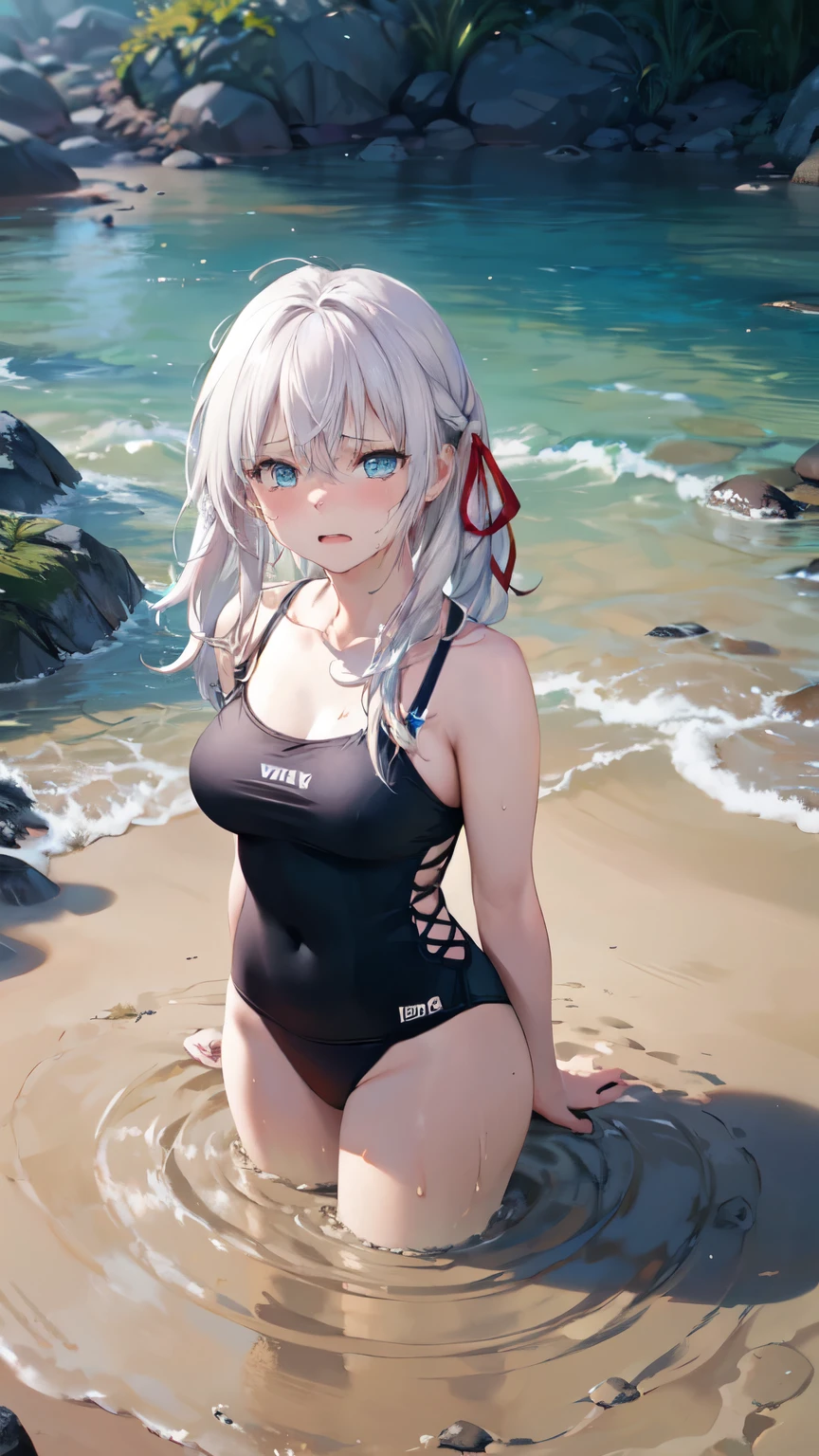 absurderes:2.0、realistic, Unity 8K Wallpaper, Masterpiece, Realistic face, Realistic skin feeling ,detailed hair, highly detailed, realistic glistening skin, Cute Girl, Perfect face, charming face, sitting, white racing swimsuit、
