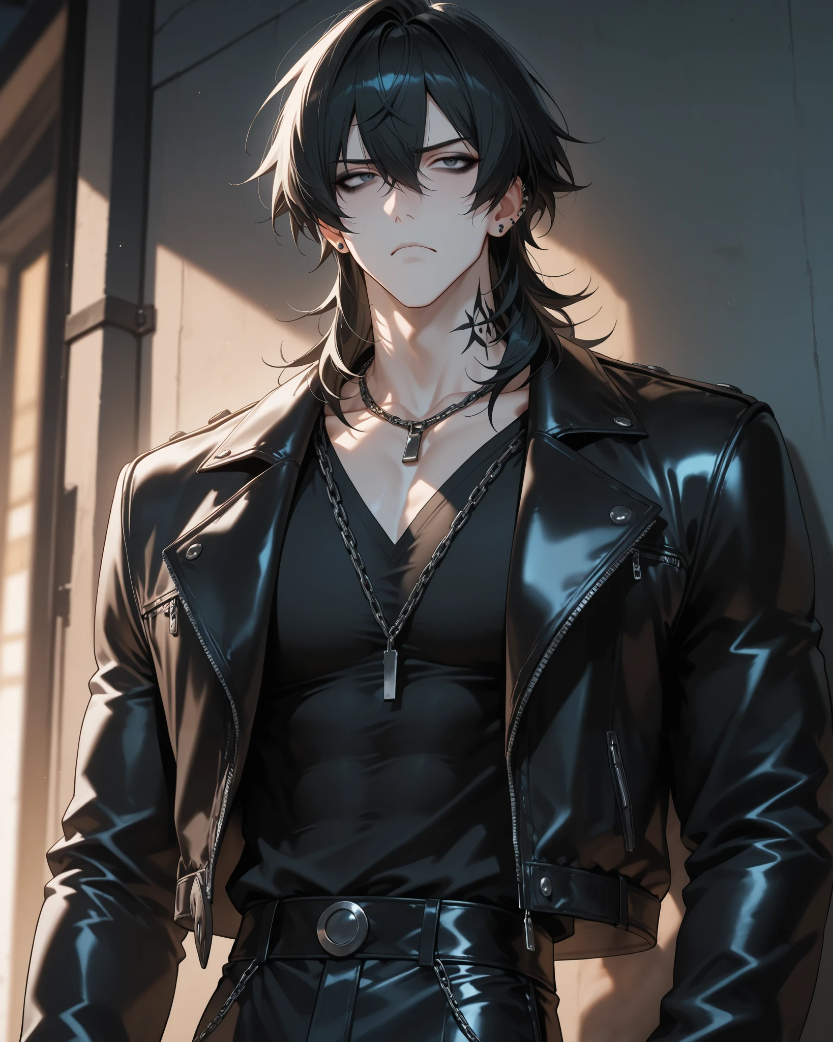 Anime guy in black leather jacket and chain necklace standing in front ...