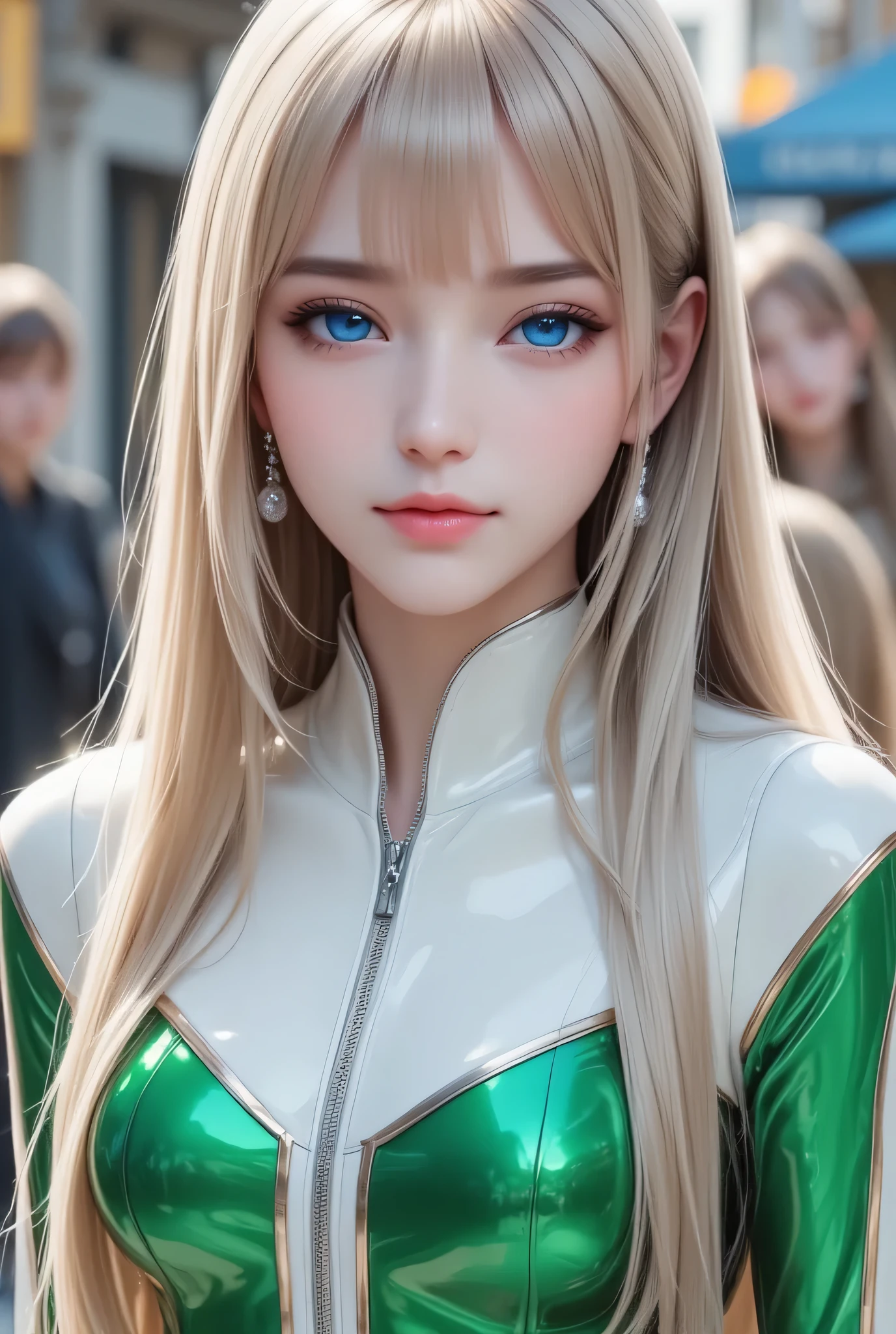 (super cute young face:1),
very beautiful cute french girl,
(:1.4),
(clear blue eyes:1),
exquisite smooth and silky long blonde straight hair,
(happy cheerful smile),
professional photograph ,
(lower body Super Shiny green latex tight mini skirt:1.2),
(upper body Super shiny white latex fashionable winter outerwear:1.2),
narrow waist,
in the street,
(costume with very smooth and strong reflective surfaces:1.1),
(large fishnets pantyhorse),
(very thin makeup),
(full body shot:1.3)
